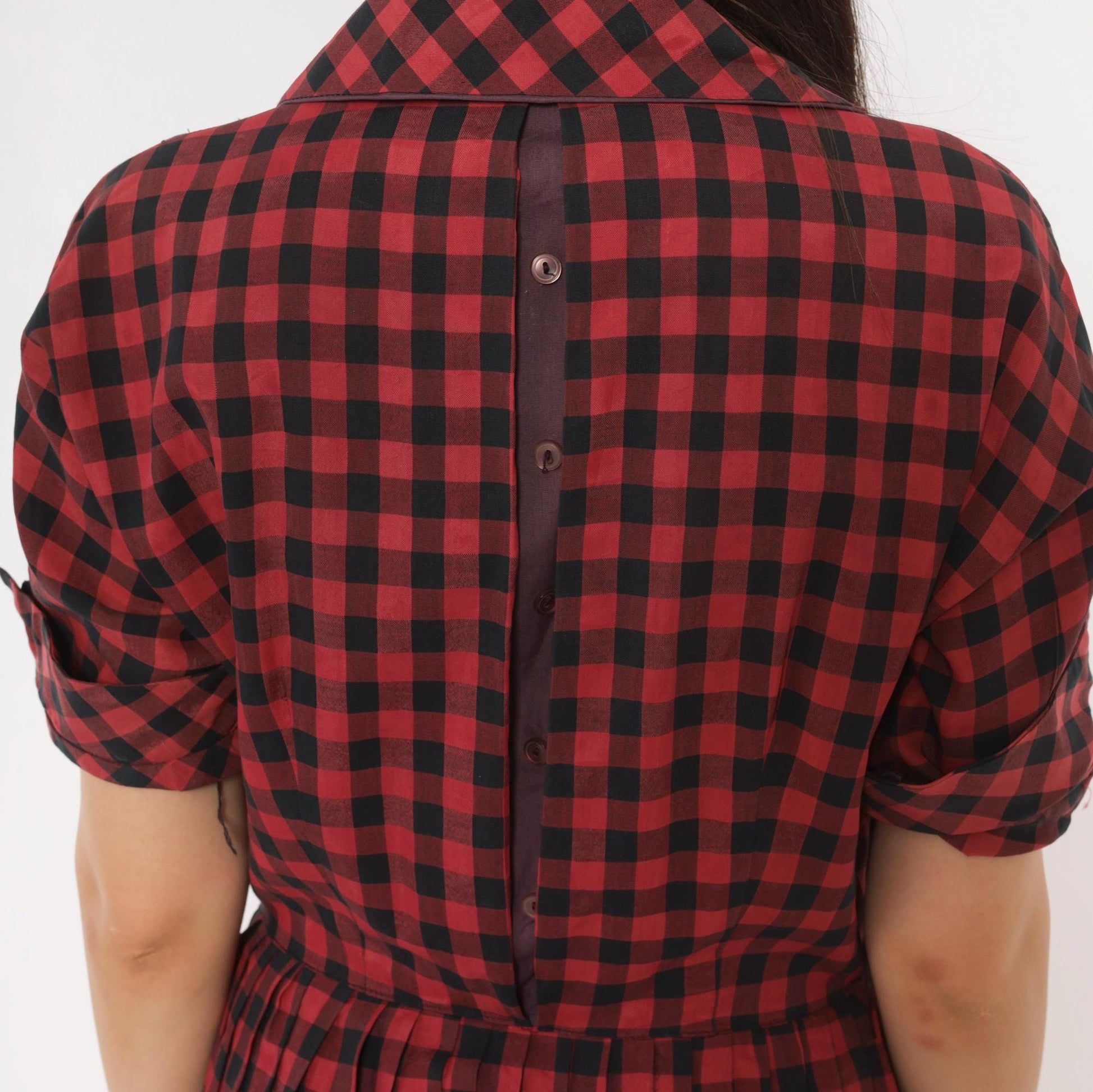 60s Meg Marlowe Buffalo Check Shirtdress Burgundy Black Plaid Cotton Small