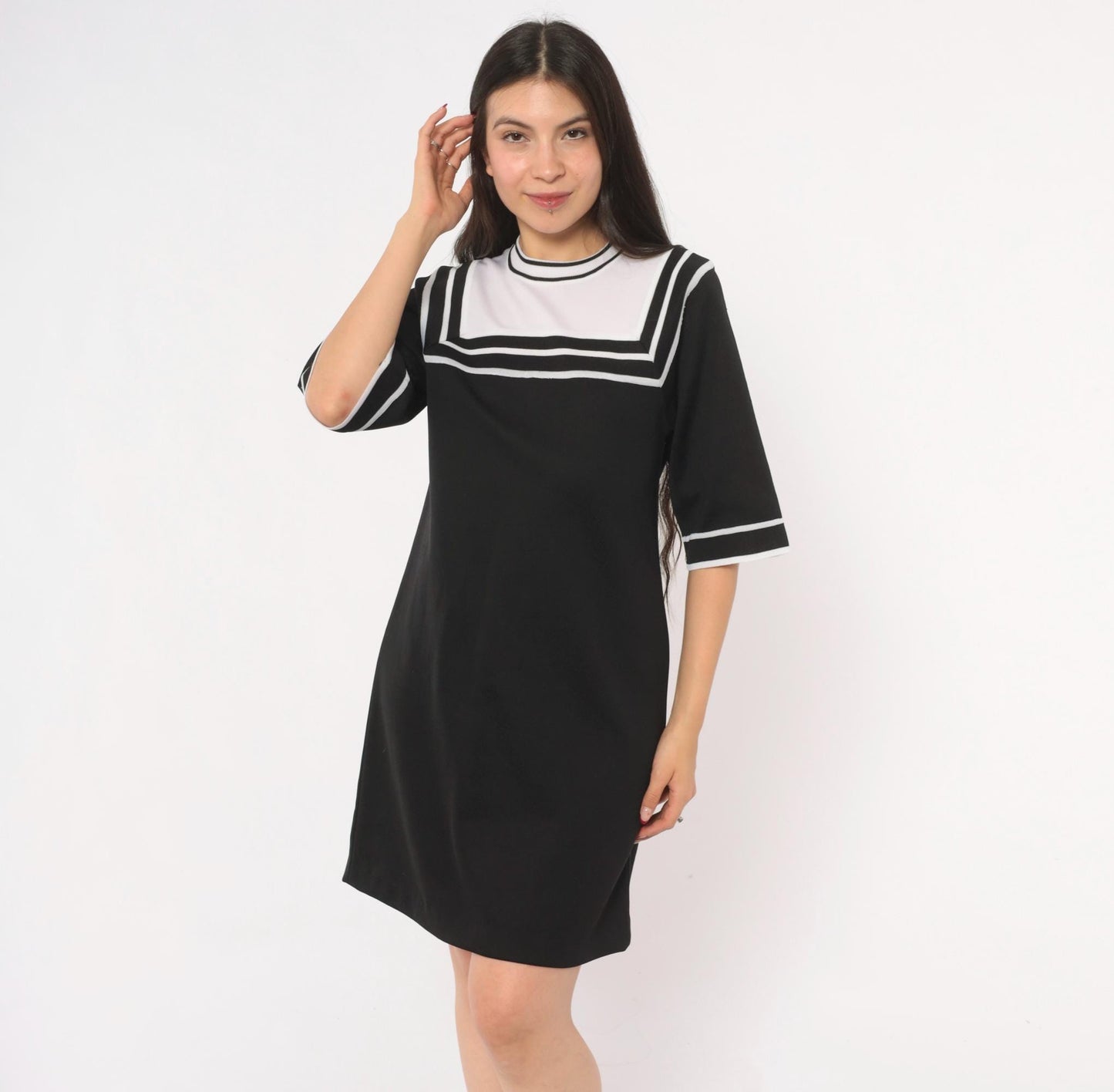 70s Roncelli Sailor Collar Knit Shift Dress Black White Mini Small