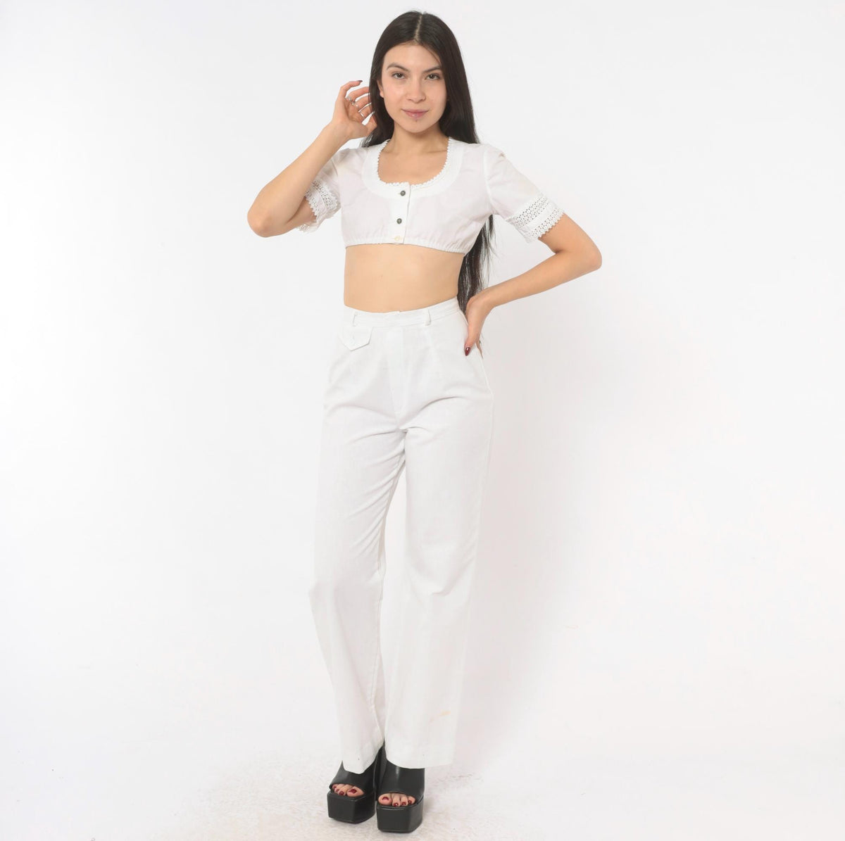 80s That's Me! White High-Waist Straight Trousers Extra Small XS