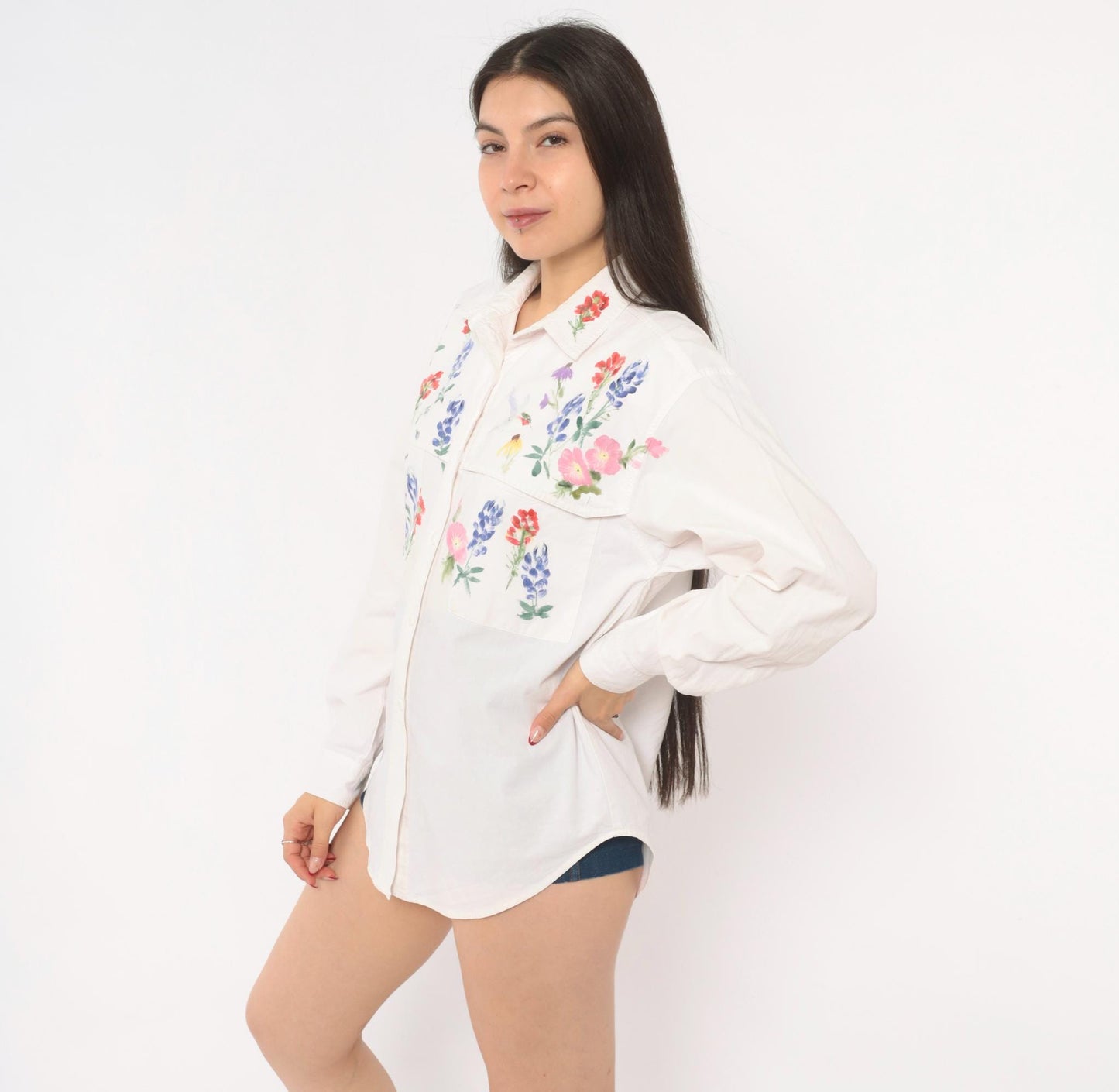 90s Ol' Paint Hand-Painted Wildflower Hummingbird White Cotton Button-Up Medium