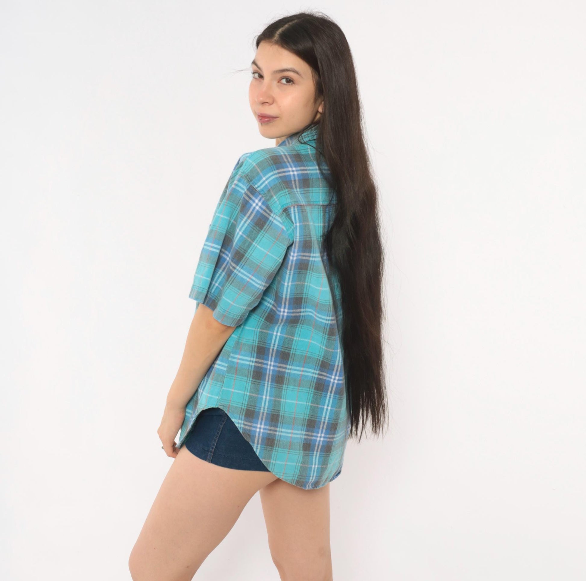 90s Quizz Plaid Flannel Shirt Teal Blue Grey Cotton Button-Up Medium