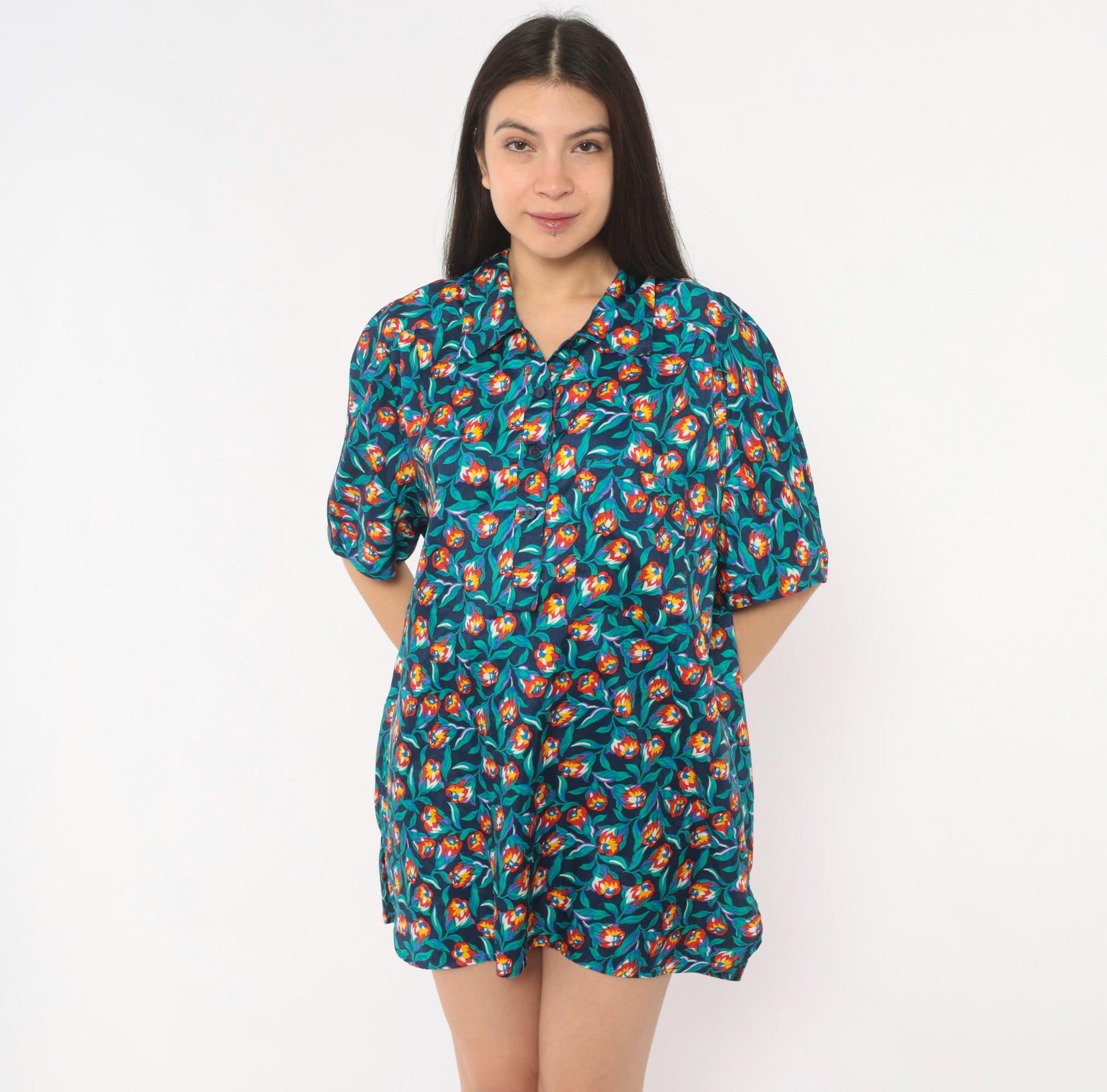 80s Josephine Floral Print Shirt Navy Tulip Blouse Collared Large L