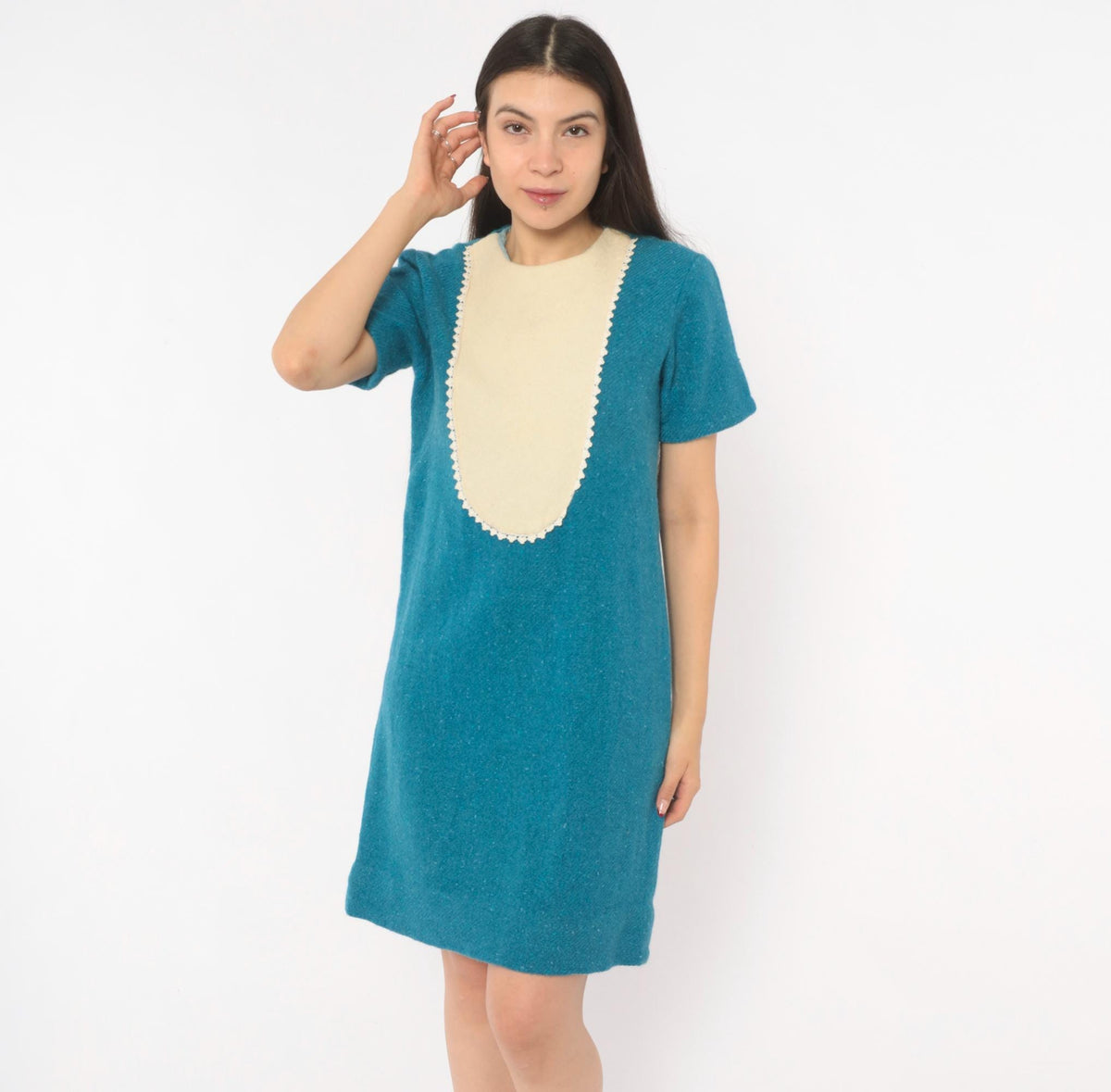 1960s Teal Wool Shift Dress Cream Bib Panel Lace Trim Knee Length Small