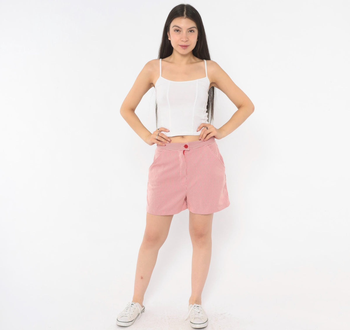 70s Red White Striped Seersucker Shorts High Waisted Button Front Medium M