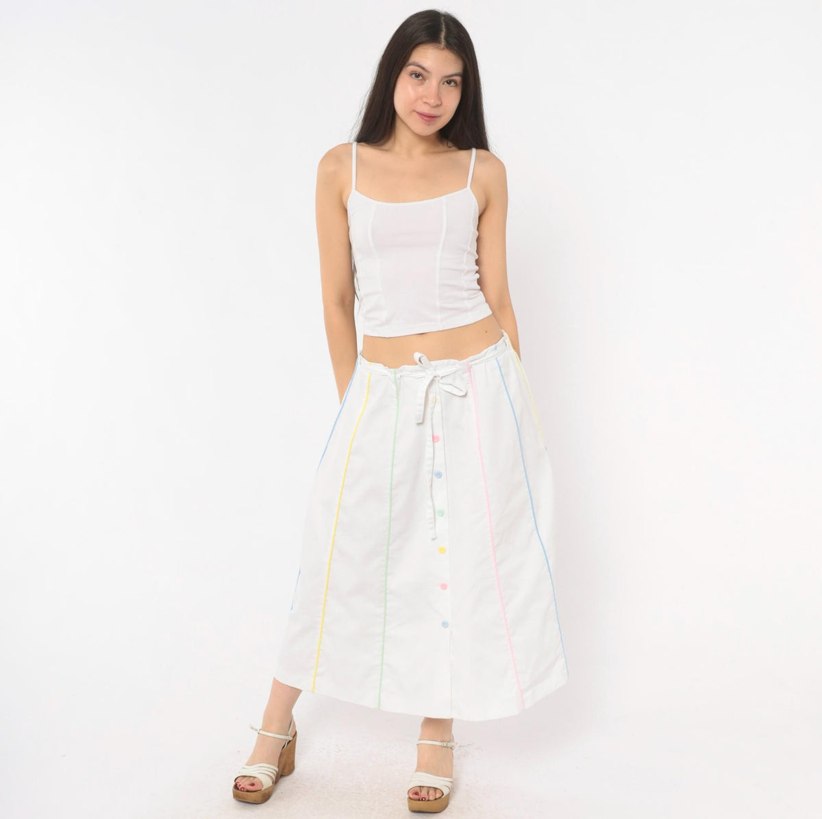 80s Sanibel White Cotton A-Line Midi Skirt Pastel Rainbow Button Front Medium