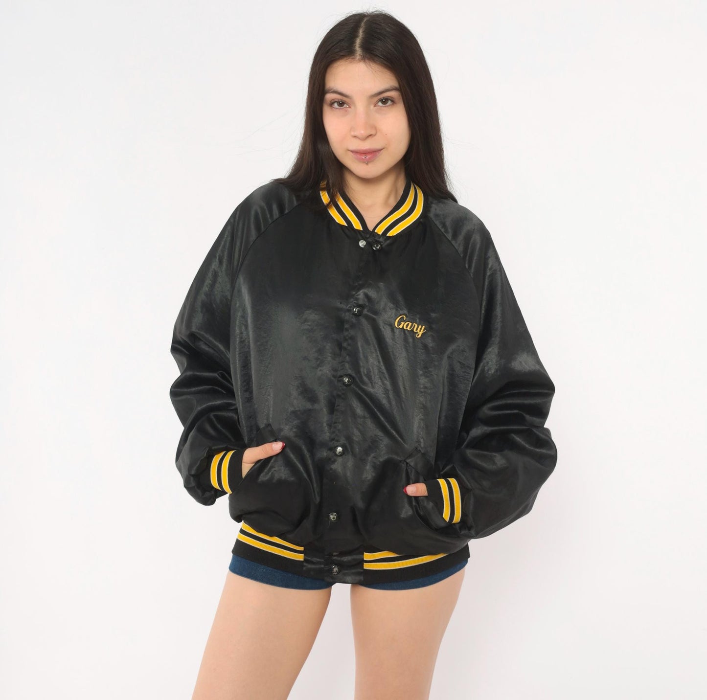 80s King Louie Pro Fit Wyoming Welding Satin Bomber Jacket Black Gold Large L