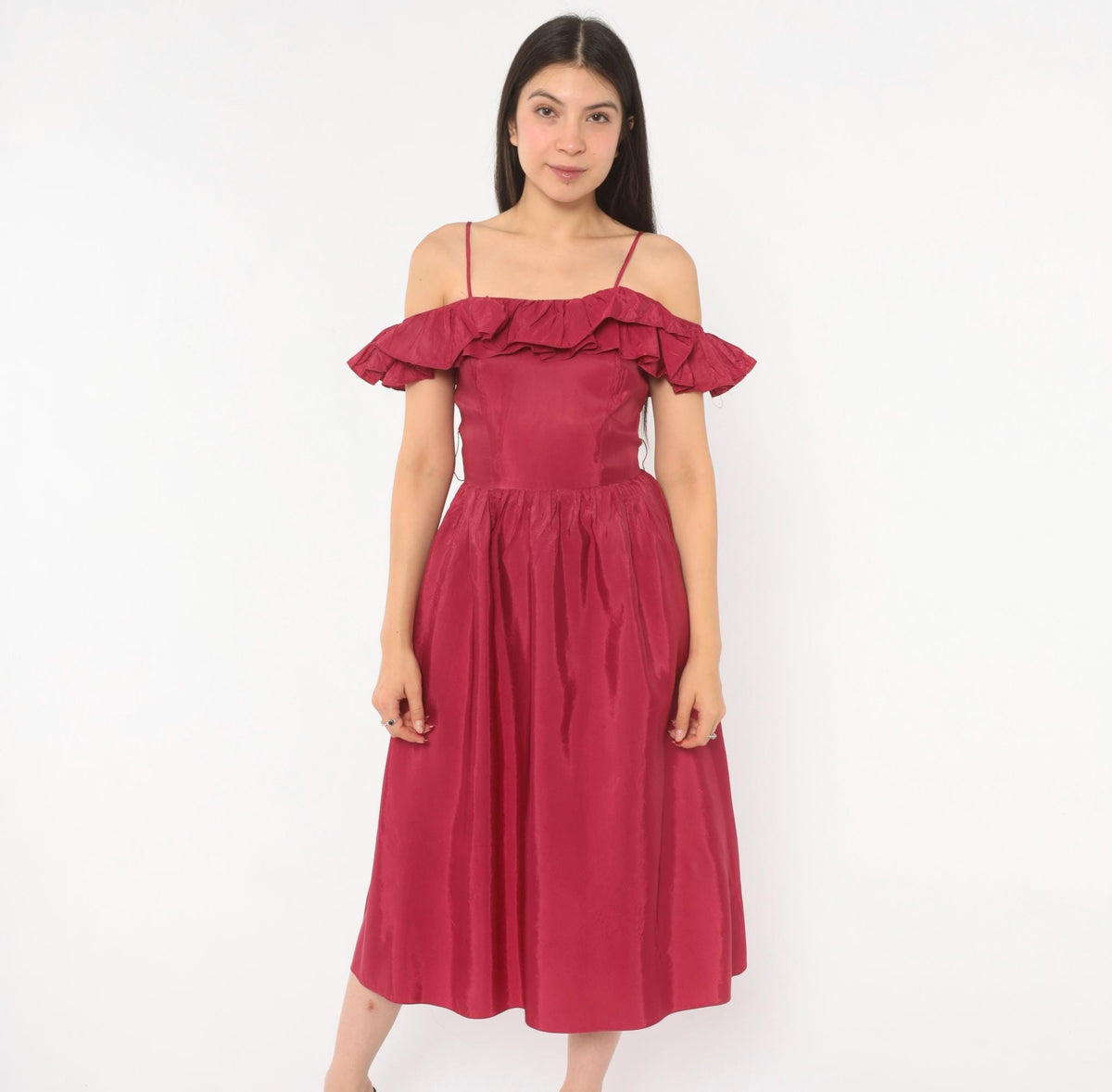 80s Raspberry Off-Shoulder Midi Dress Ruffle Gathered Skirt Extra Small
