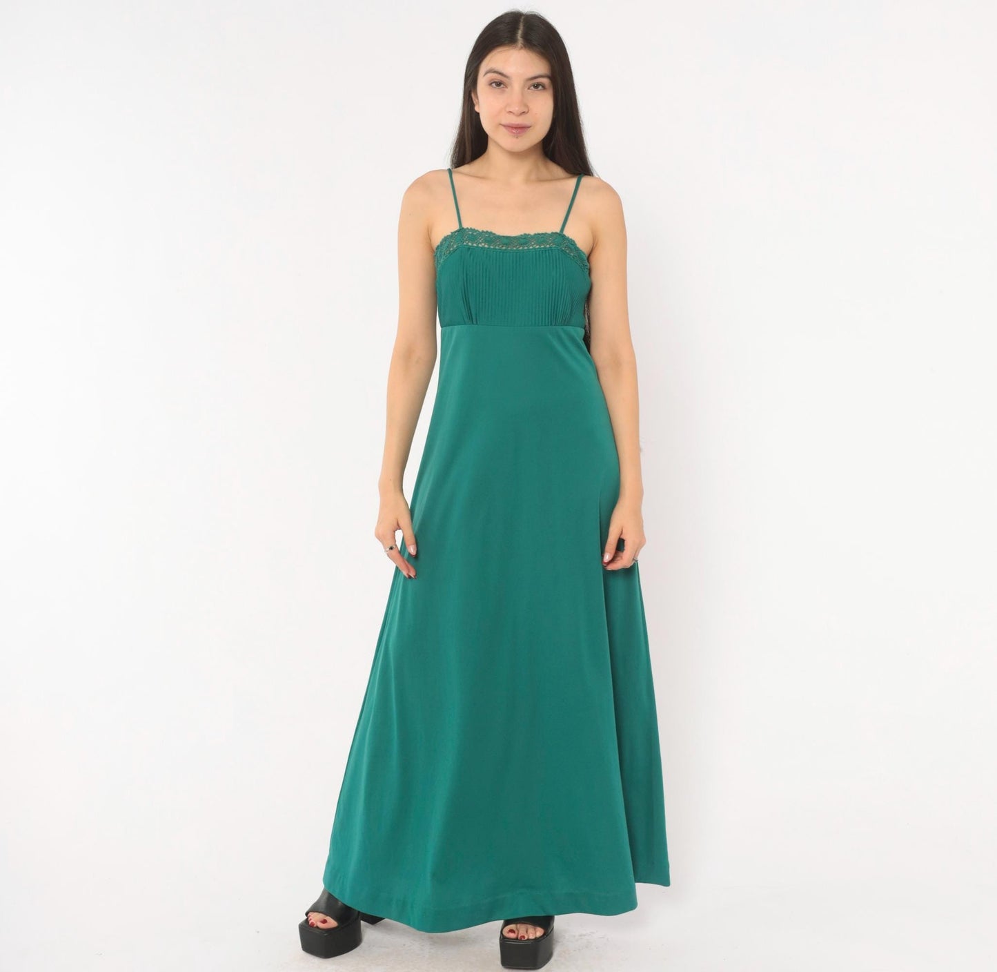 70s Teal Crochet Lace Maxi Dress Empire Waist Spaghetti Strap Extra Small