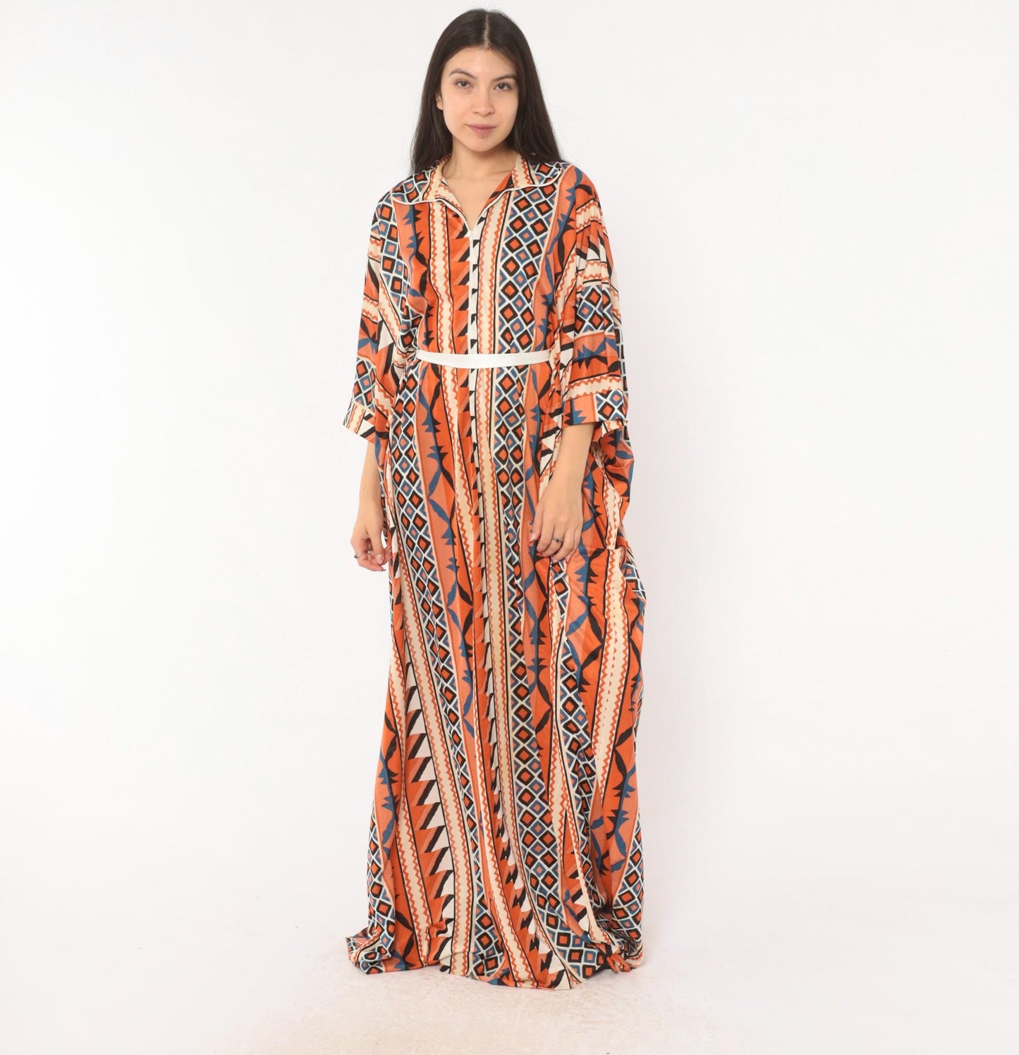 70s Le Voys Aztec Caftan Maxi Dress Orange Cream Blue Geometric Tribal Stripe One Size