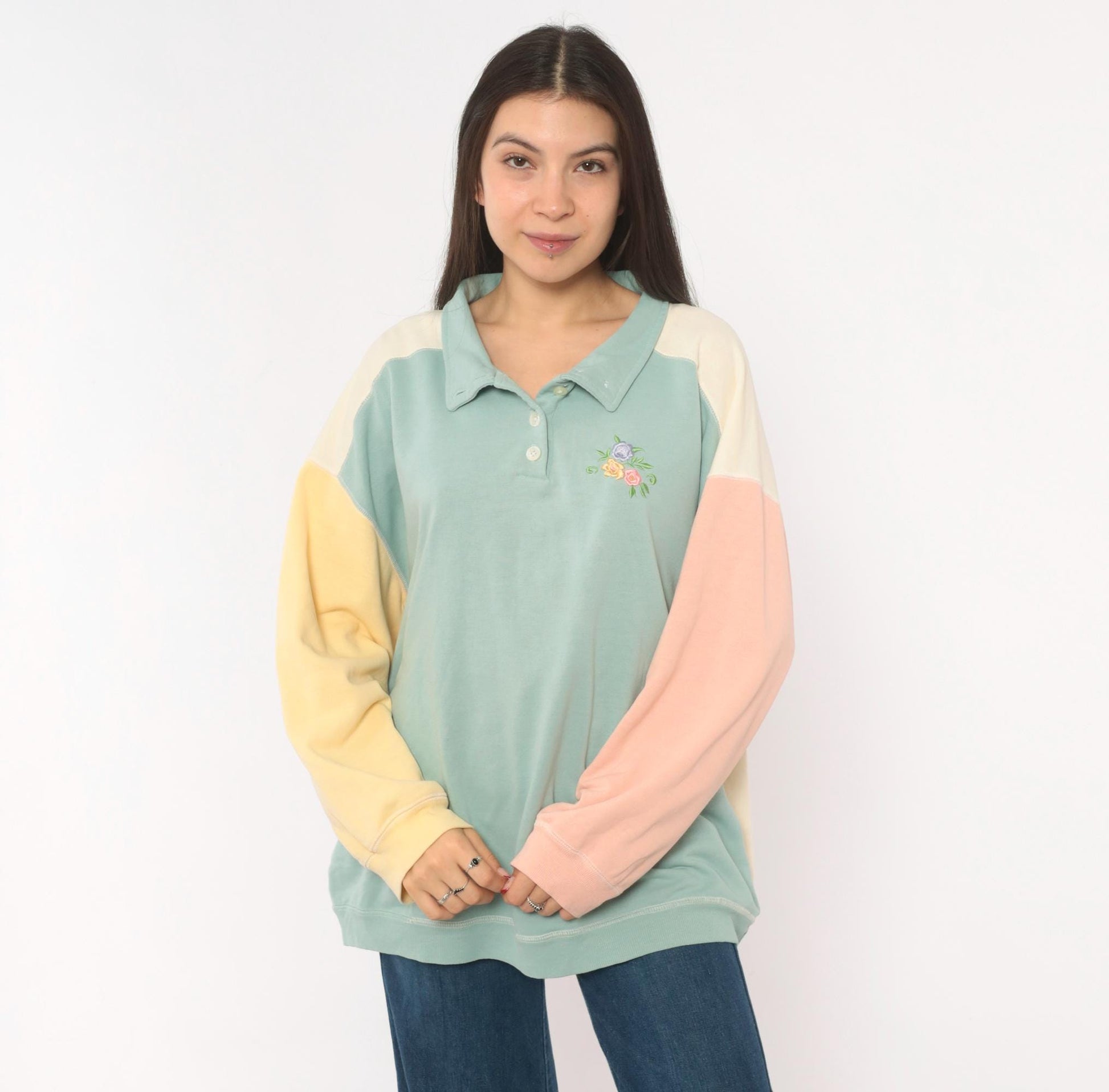 80s Ys Casuals Pastel Color Block Polo Sweatshirt Floral Embroidered Extra Large XL