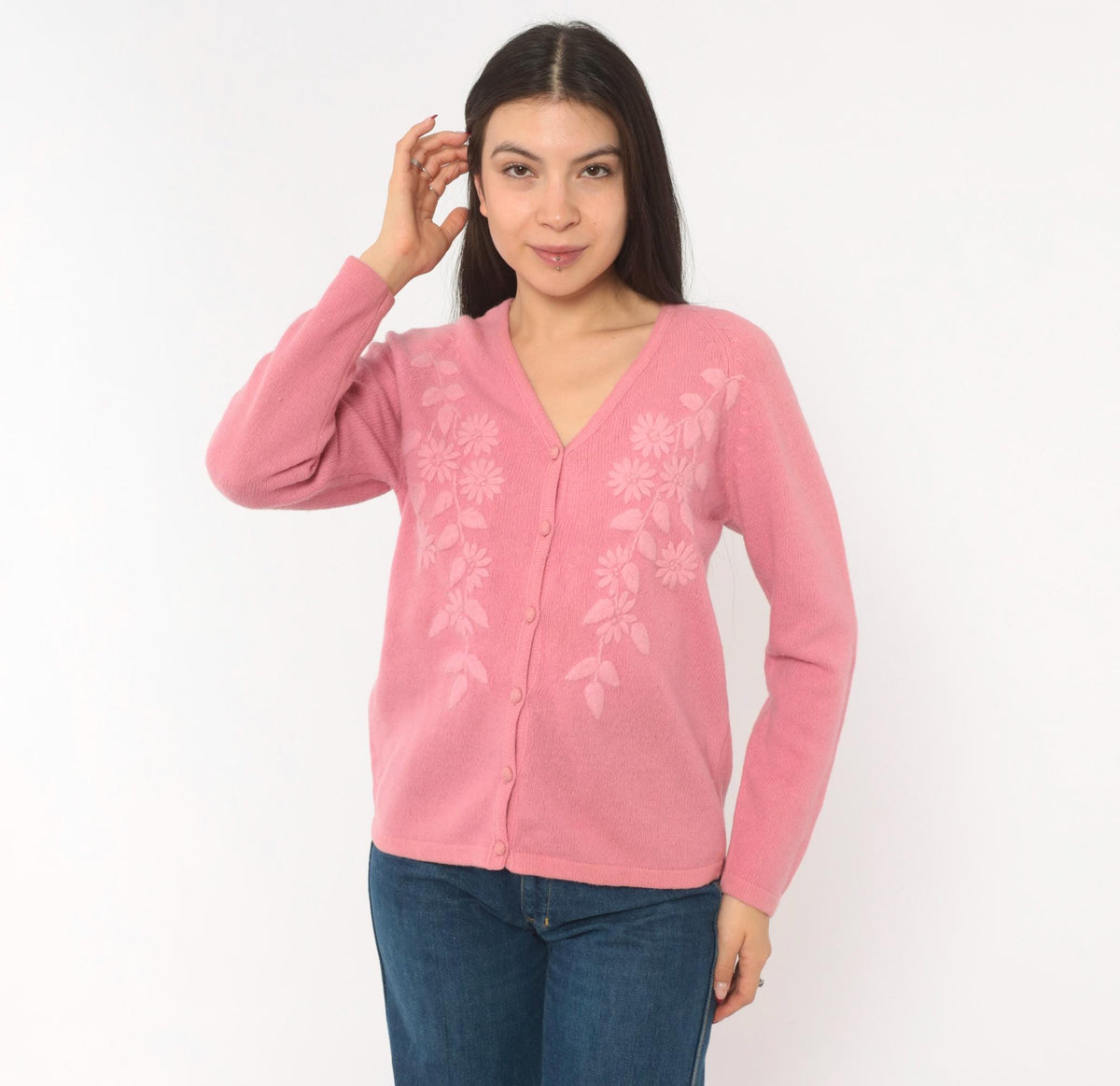 80s NKKC Rose Pink Lambswool Cardigan Floral Embroidered V-Neck Medium M