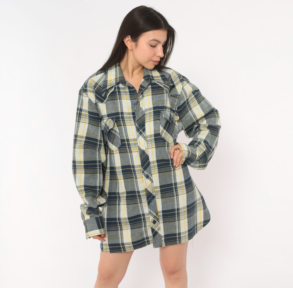 80s Navy Yellow Plaid Flannel Shirt Cotton Button Front Extra Large