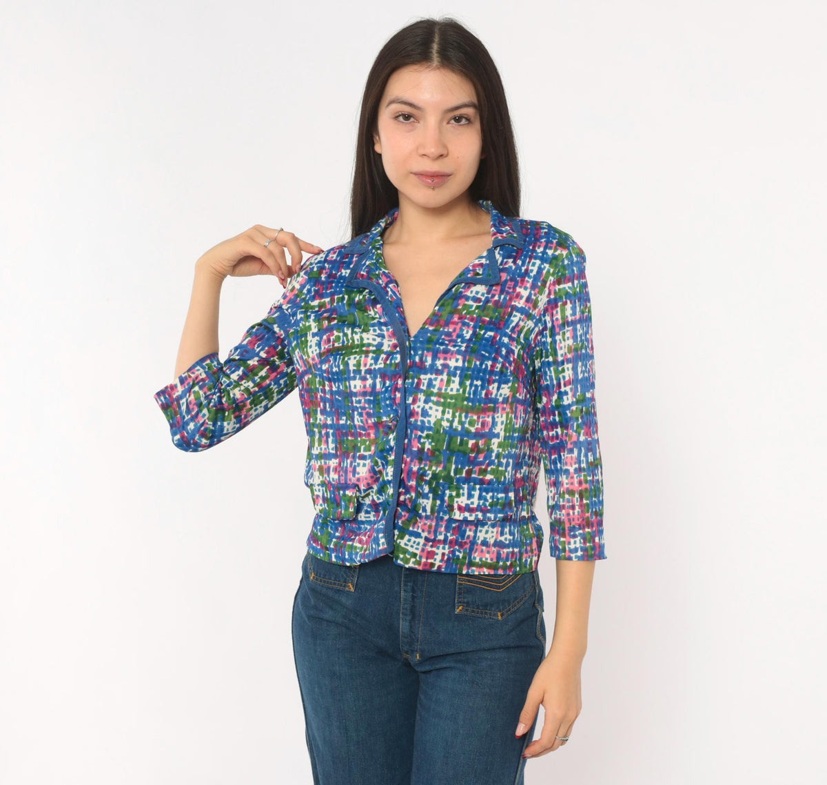 70s Puritan Forever Yours Abstract Crosshatch Blouse Blue Pink Green Small