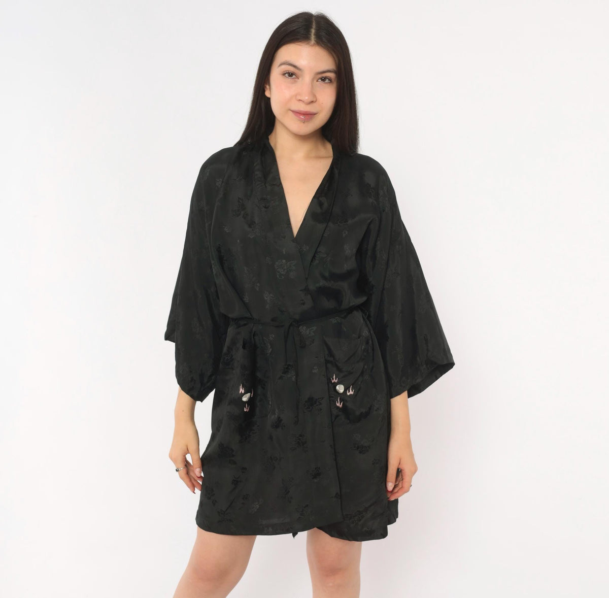 90s Golden Bee Black Satin Kimono Robe Dragon Embroidered Medium M
