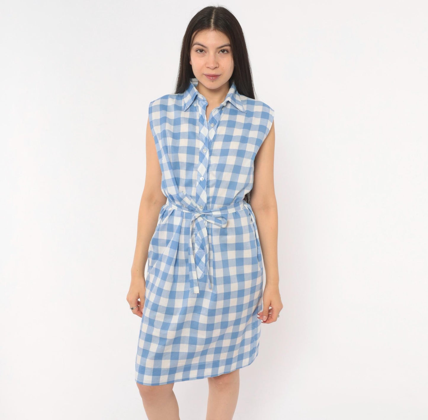 60s Laura Mae Life Gingham Shirt Dress Blue White Check Knee-Length Cotton Medium M