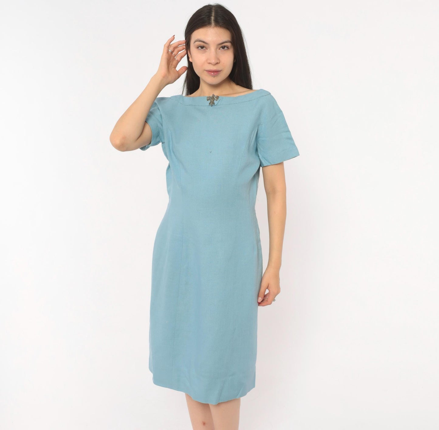 60s Mod Shift Dress Wool Boat Neck Blue Silver Brooch Large L