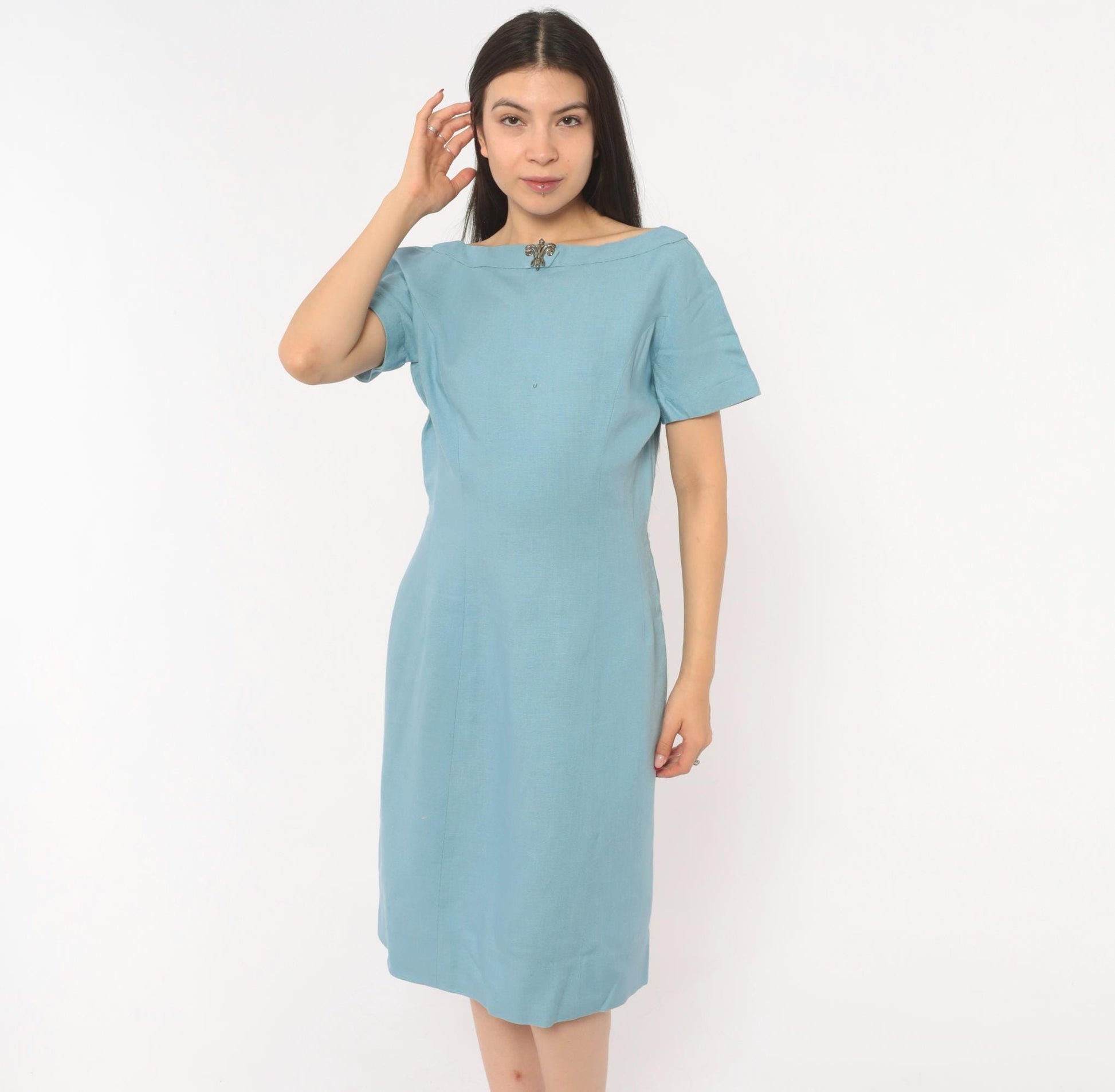 60s Mod Shift Dress Wool Boat Neck Blue Silver Brooch Large L