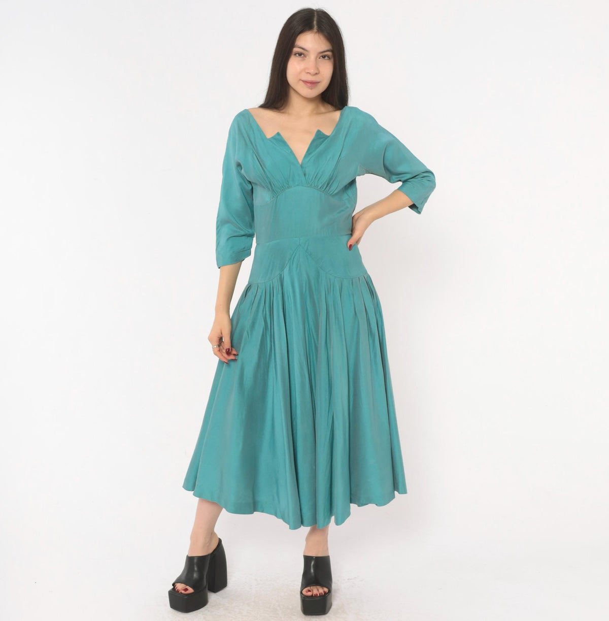 1940s Teal Dress V-Neck Three Quarter Sleeve Drop Waist Midi Small S