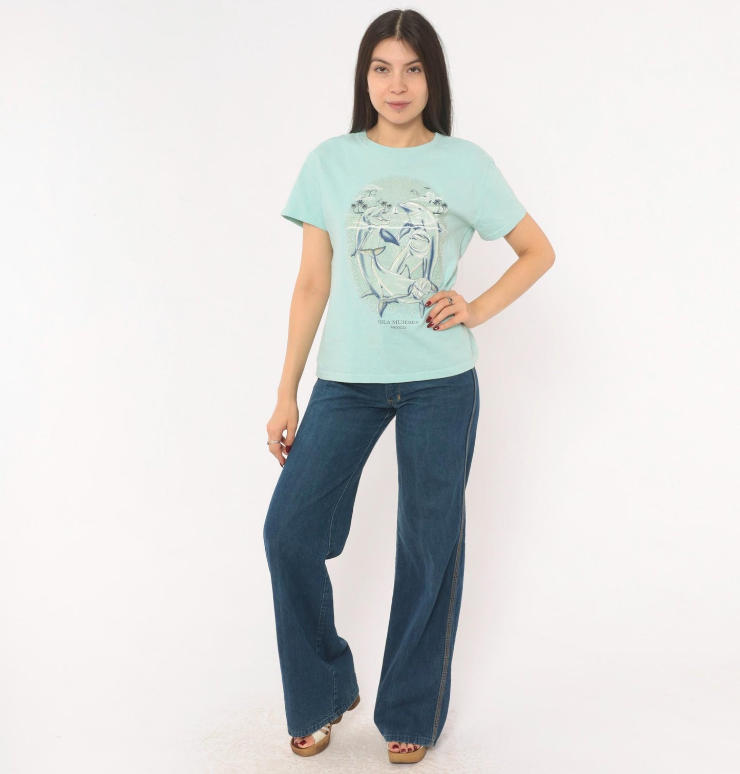 00s Yazbek Dolphin Isla Mujeres Mexico Graphic Tee Mint Green Large L