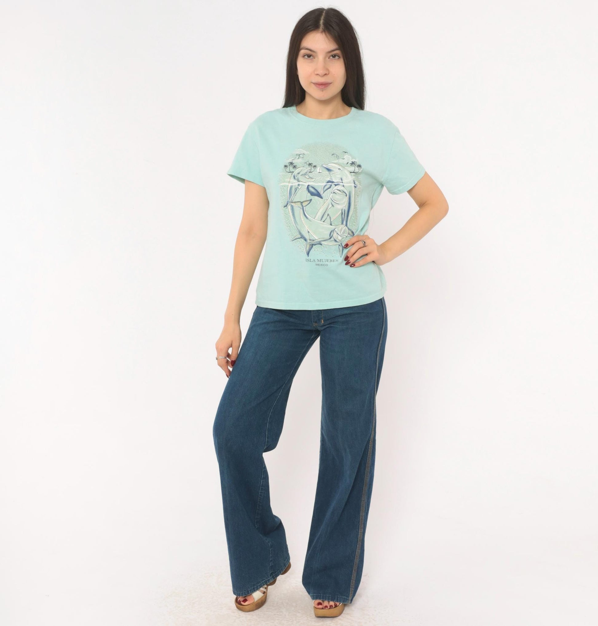 00s Yazbek Dolphin Isla Mujeres Mexico Graphic Tee Mint Green Large L