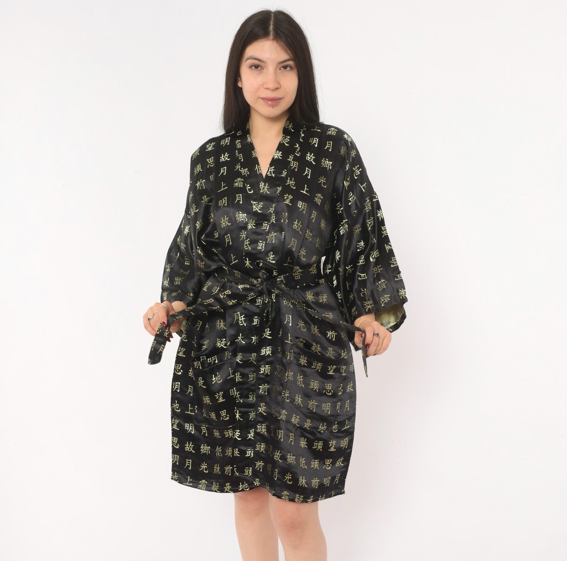 90s Chinese Calligraphy Kimono Robe Black Gold Wrap Tie Front Extra Large