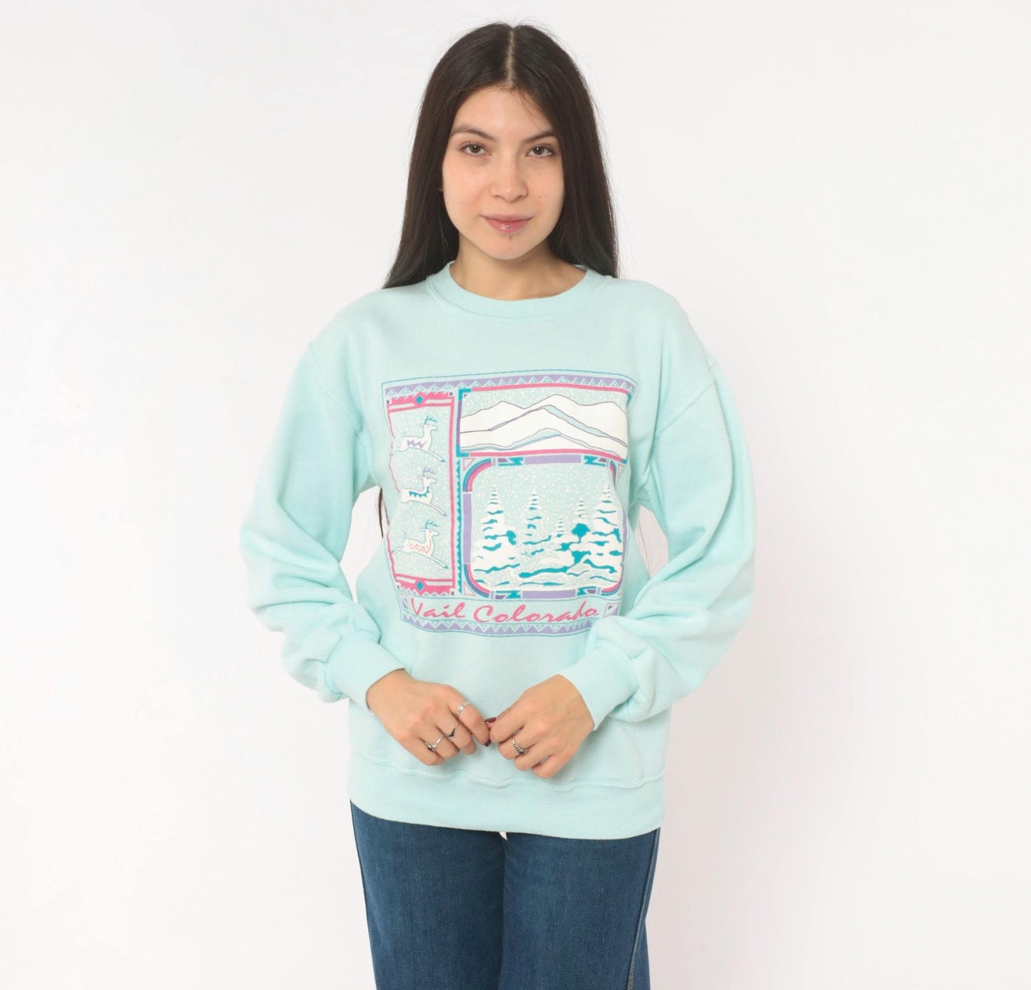 90s Jerzees Vail Colorado Ski Resort Sweatshirt Mint Green Mountain Graphic Medium