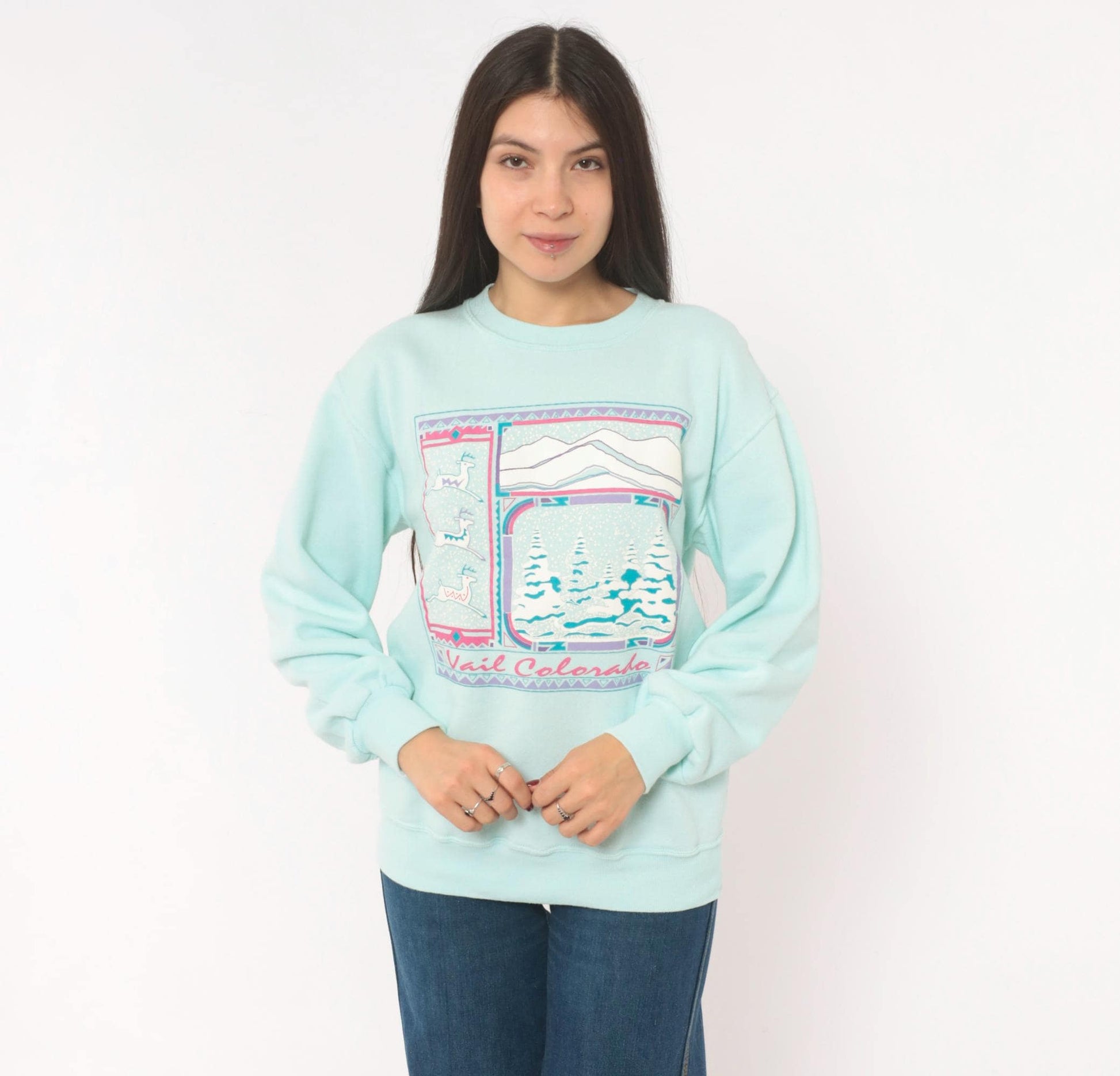 90s Jerzees Vail Colorado Ski Resort Sweatshirt Mint Green Mountain Graphic Medium
