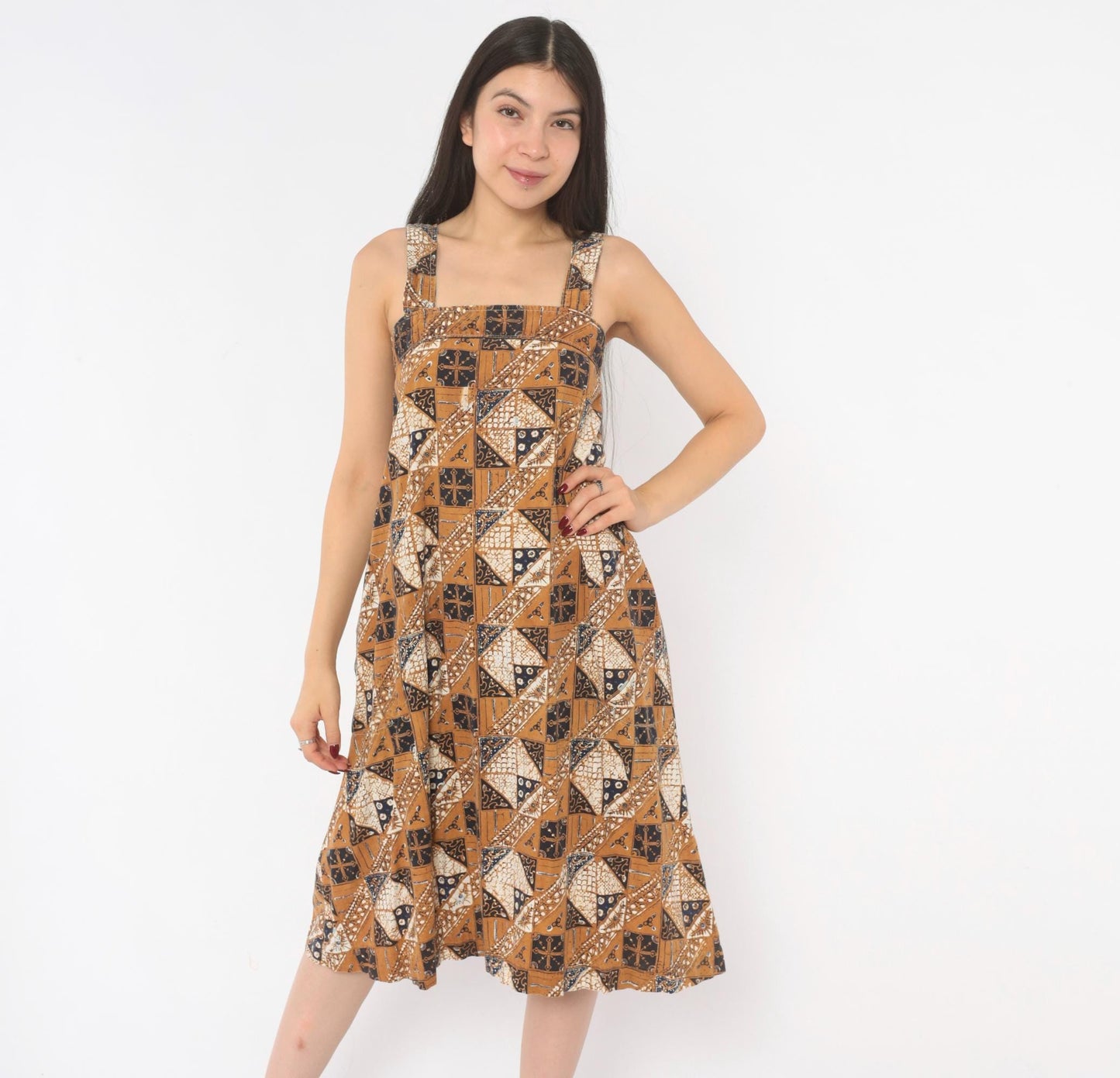 80s Batik Sundress Tan Navy Cotton Square Neck A-Line Knee Length Extra Small