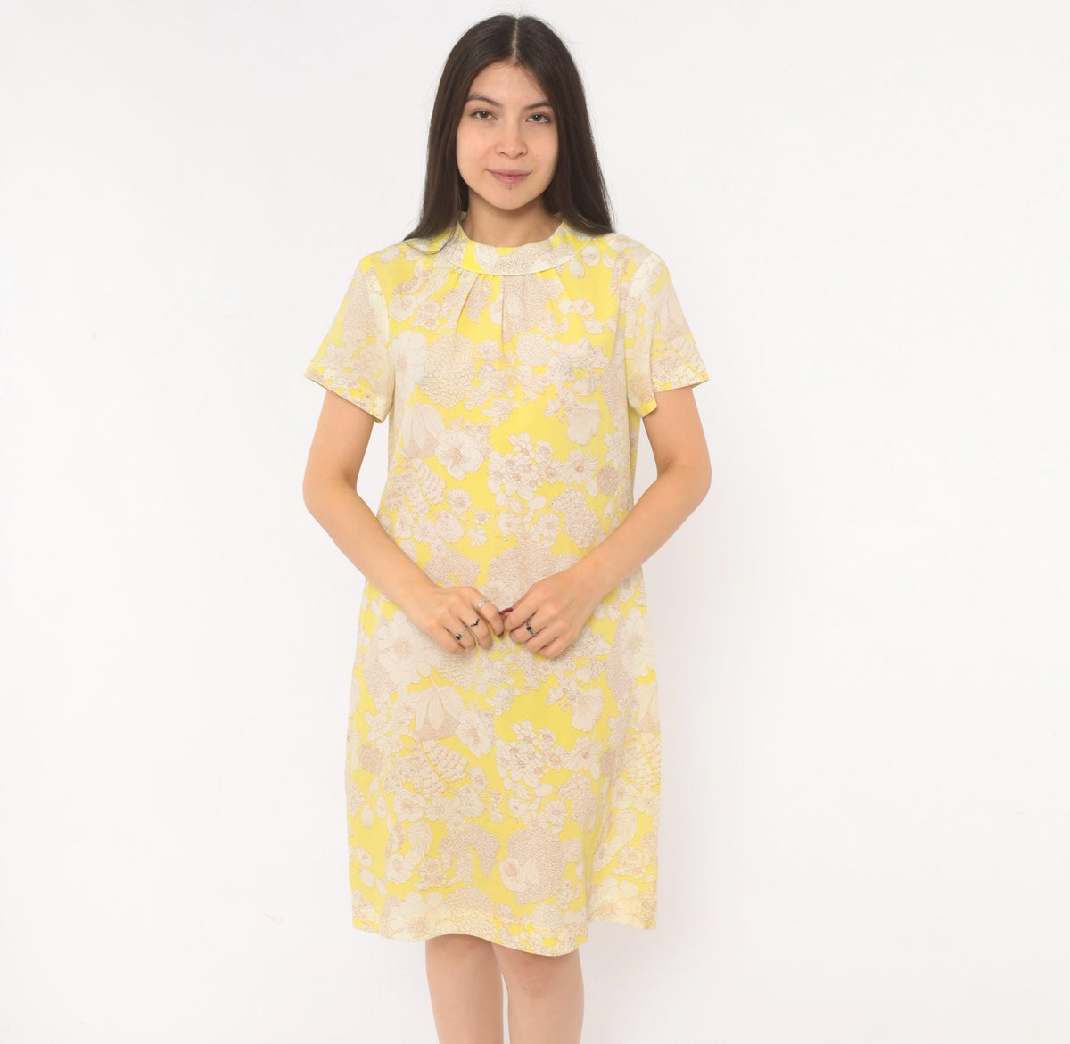 60s Yellow Floral Shift Dress Peter Pan Collar A-Line Knee Length Large L