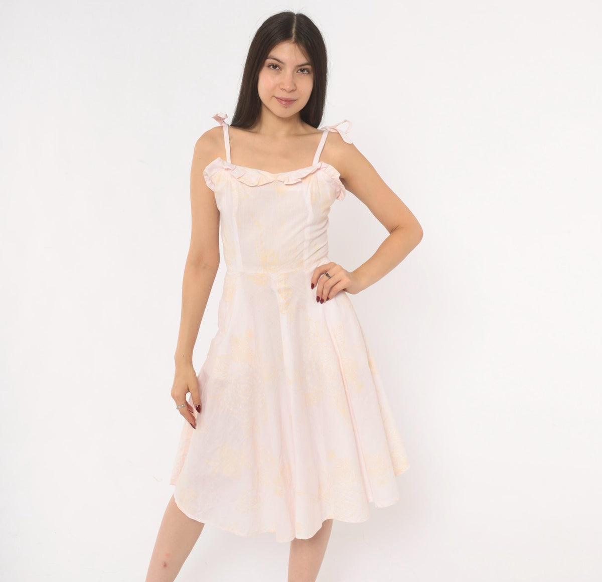 80s Blush Pink Floral Sundress Sweetheart Neckline Ruffle Tie Straps Extra Small XS