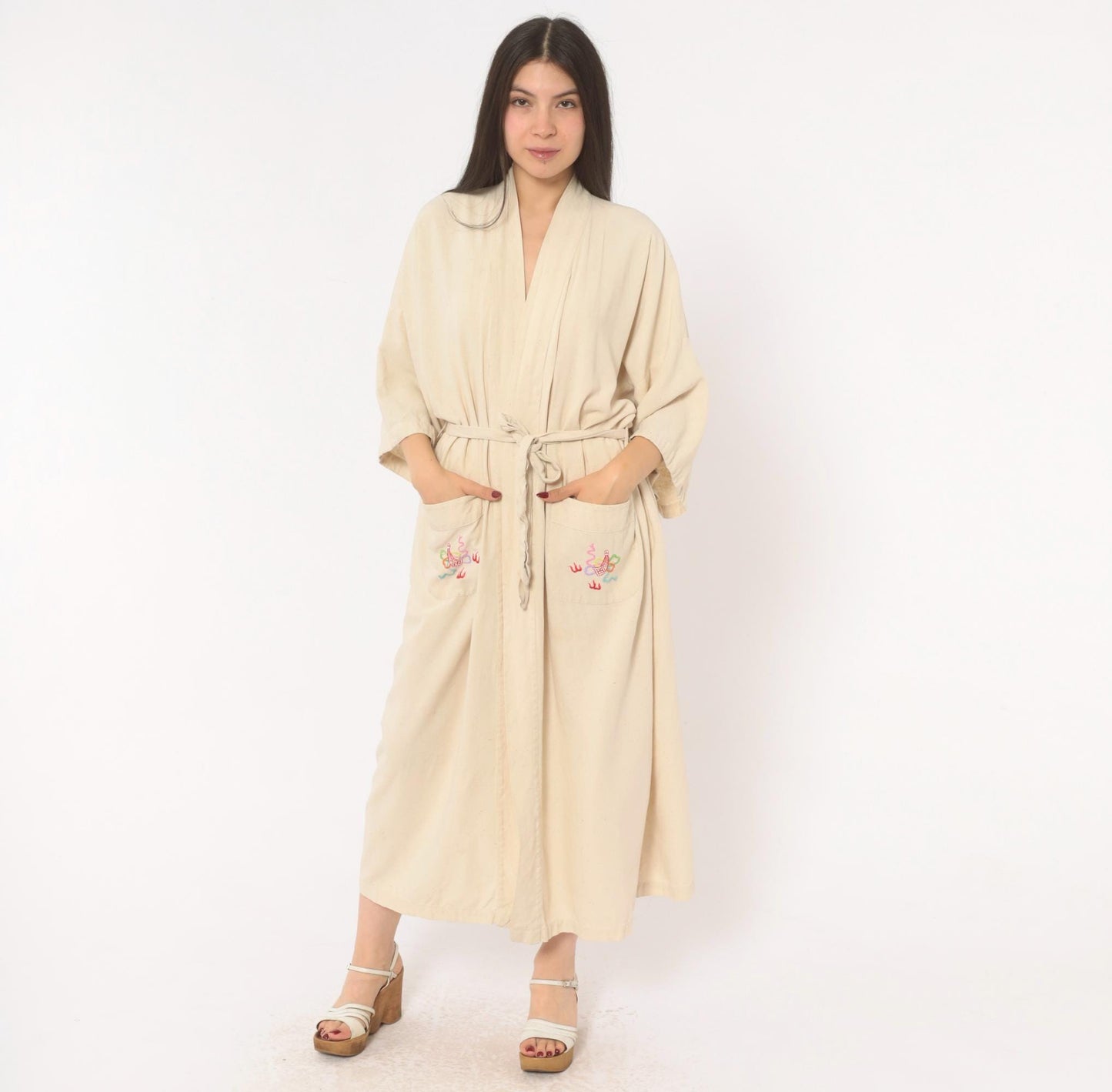 80s Health Silk Kimono Robe Dragon Embroidered Cream Midi Extra Large