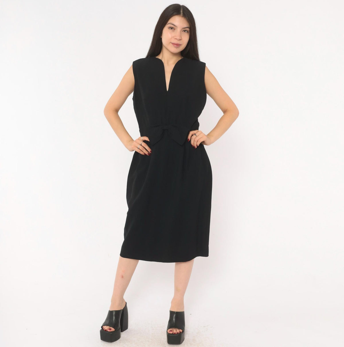 60s Black Mod Sleeveless Dress Bow Waist Knee Length A-Line Large L