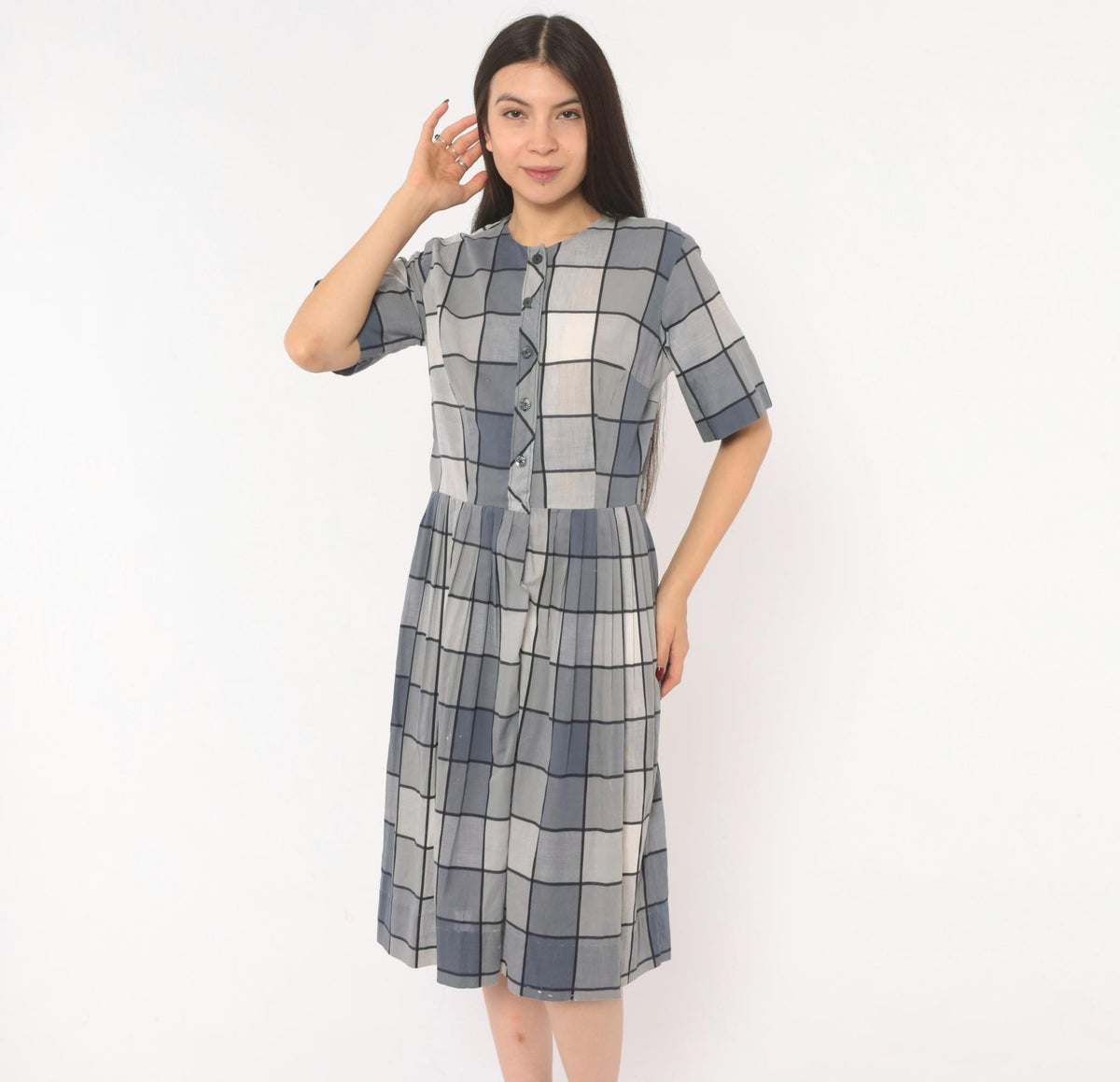 80s Windowpane Plaid Cotton Midi Dress Grey Blue Button Front Medium