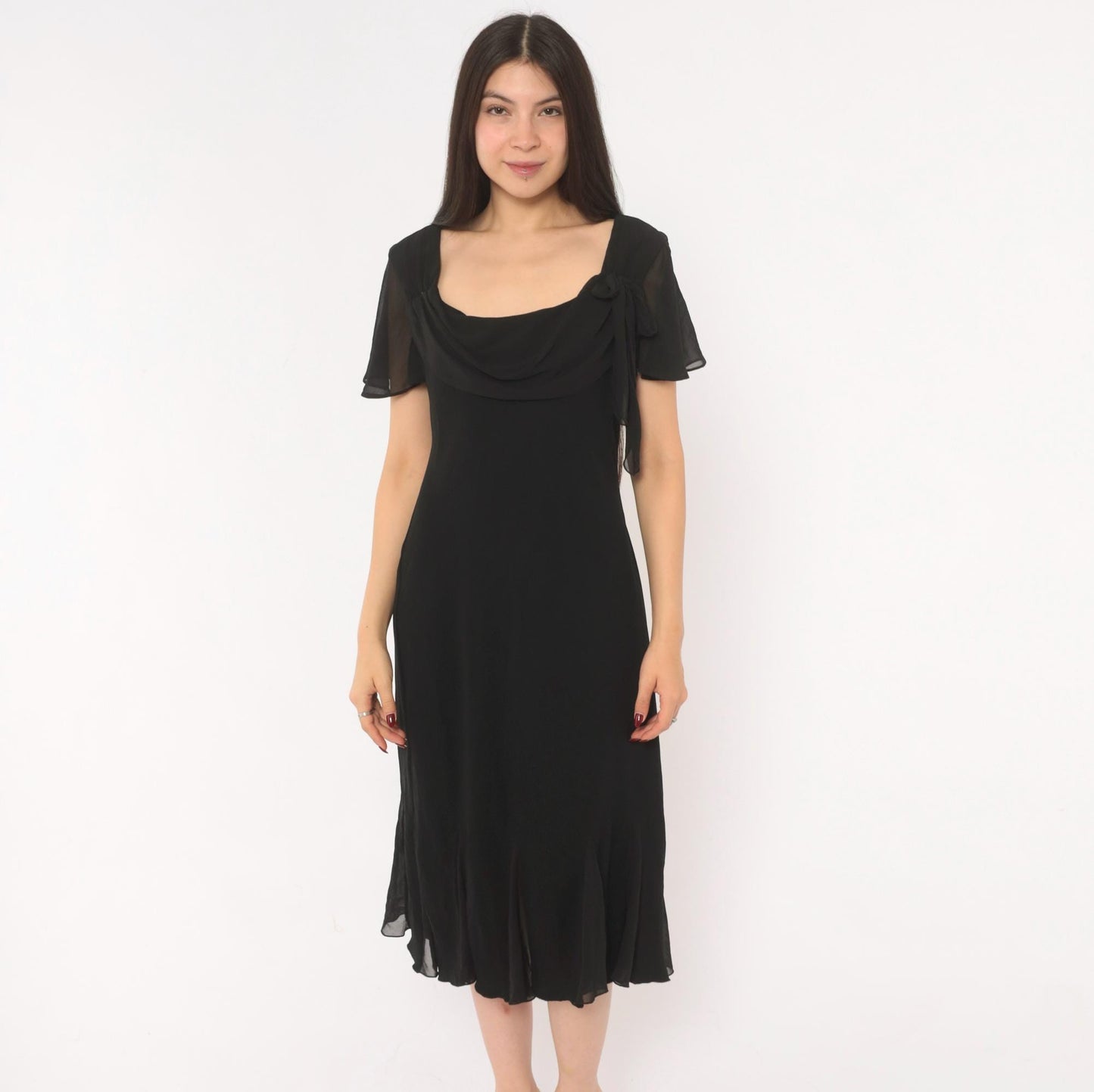 90s SL Fashions Black Chiffon Midi Dress Cowl Neck Flutter Sleeve Large