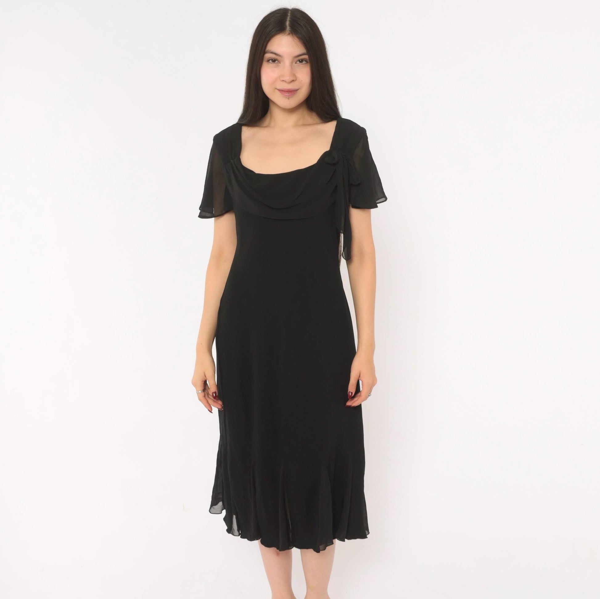 90s SL Fashions Black Chiffon Midi Dress Cowl Neck Flutter Sleeve Large