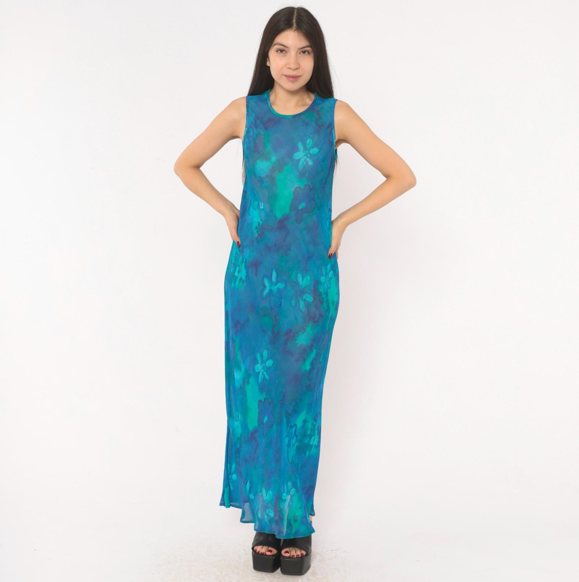 90s Mica Floral Maxi Dress Blue Teal Watercolor Chiffon Sleeveless Small S