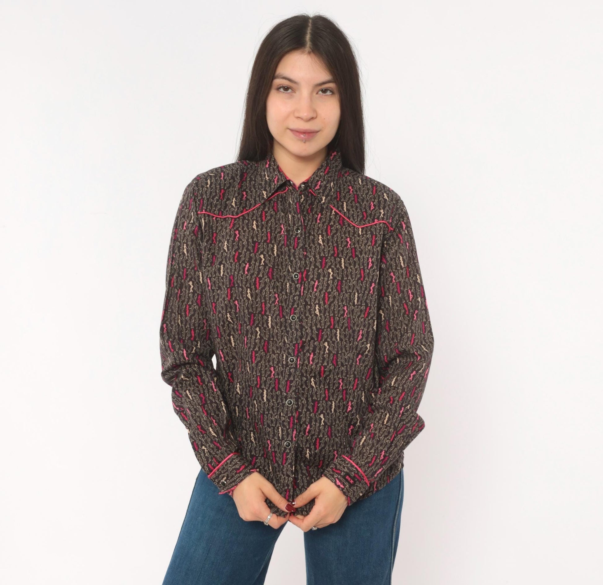 Y2K Ultra Twenty X Western Snap Shirt Cowgirl Print Grey Pink Cotton Medium M