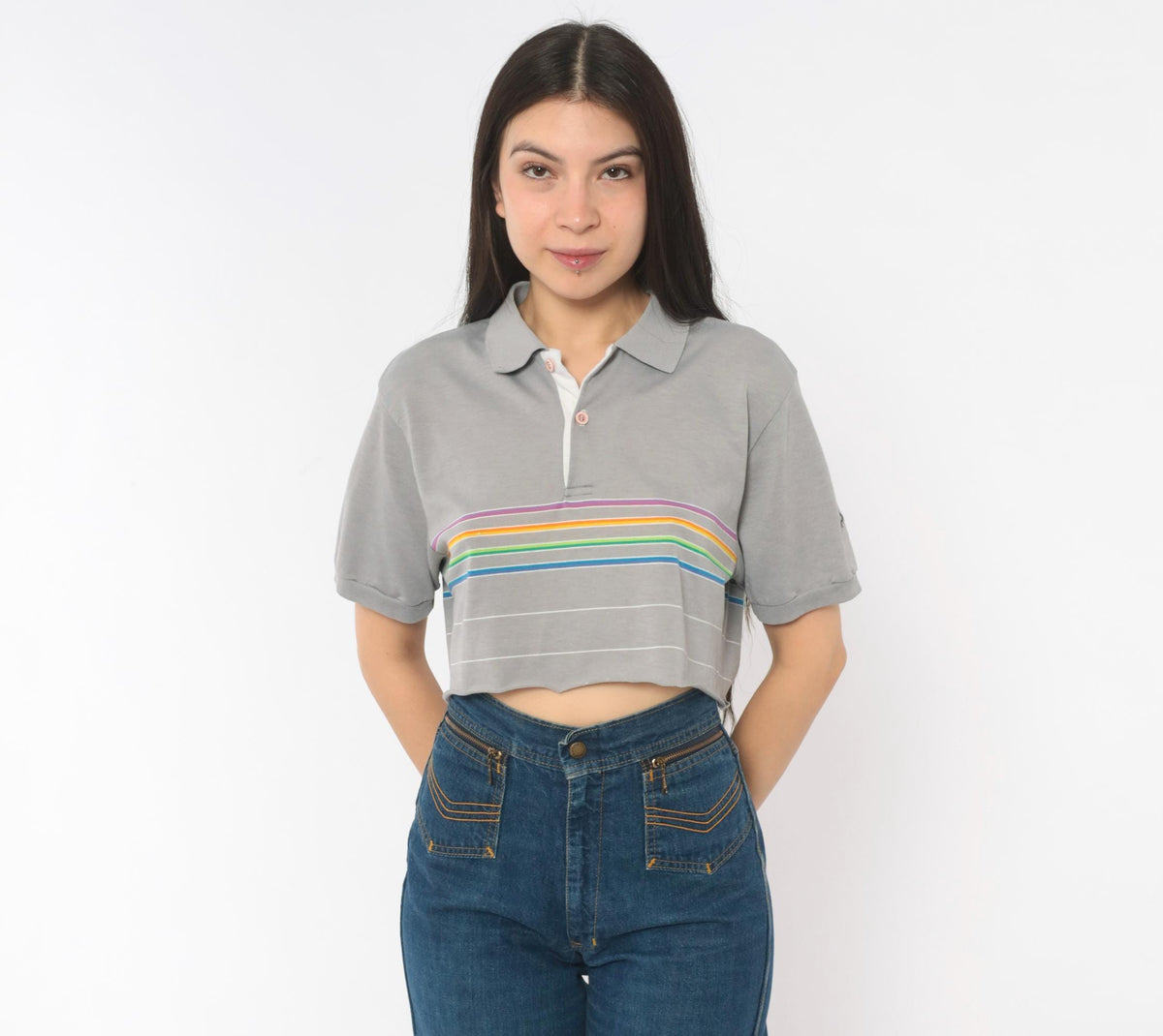 80s Rainbow Stripe Crop Polo Grey Cotton Short Sleeve Medium M