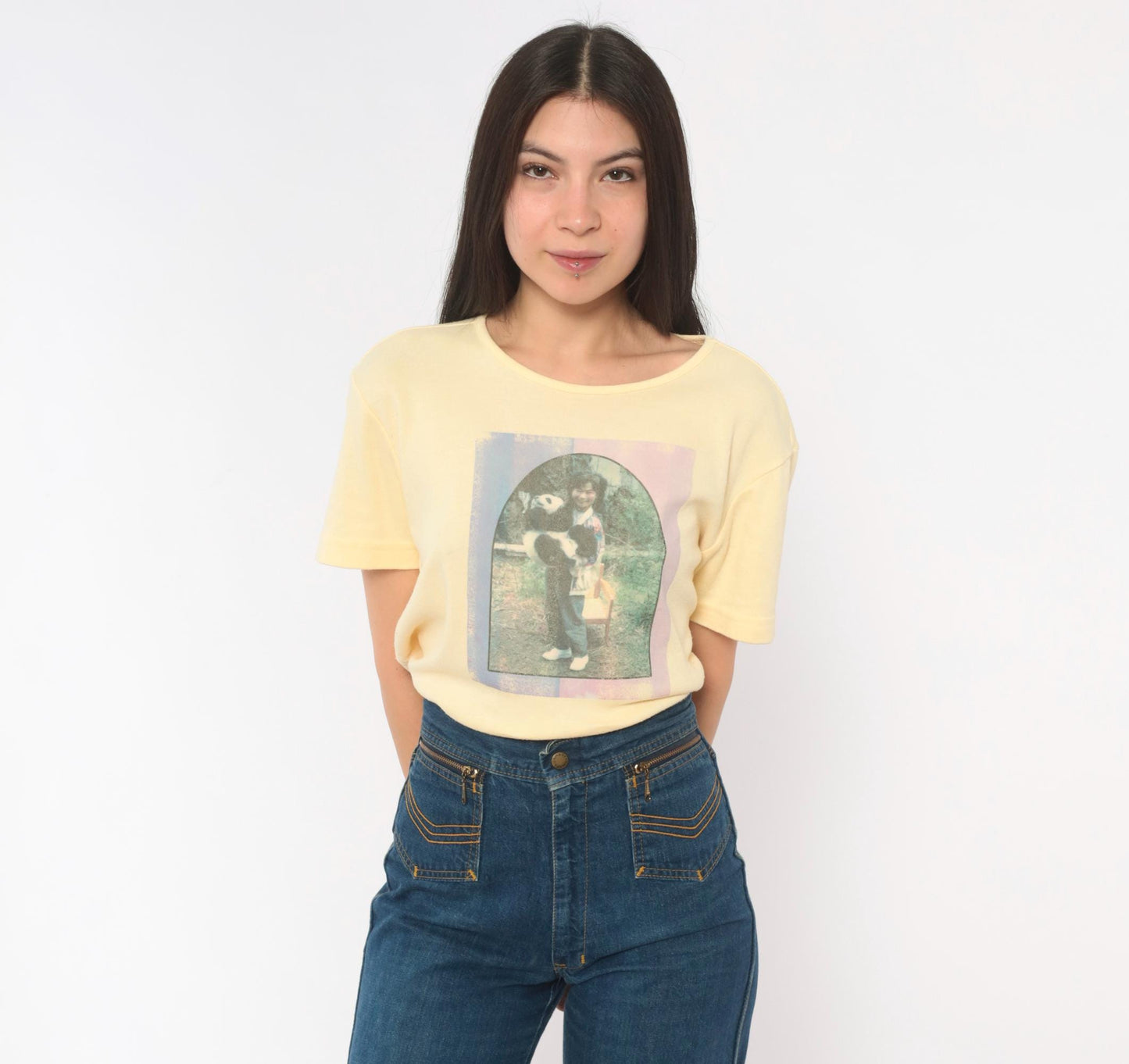 90s Basic Editions Panda Photo Print Tee Butter Yellow Heart Graphic Small