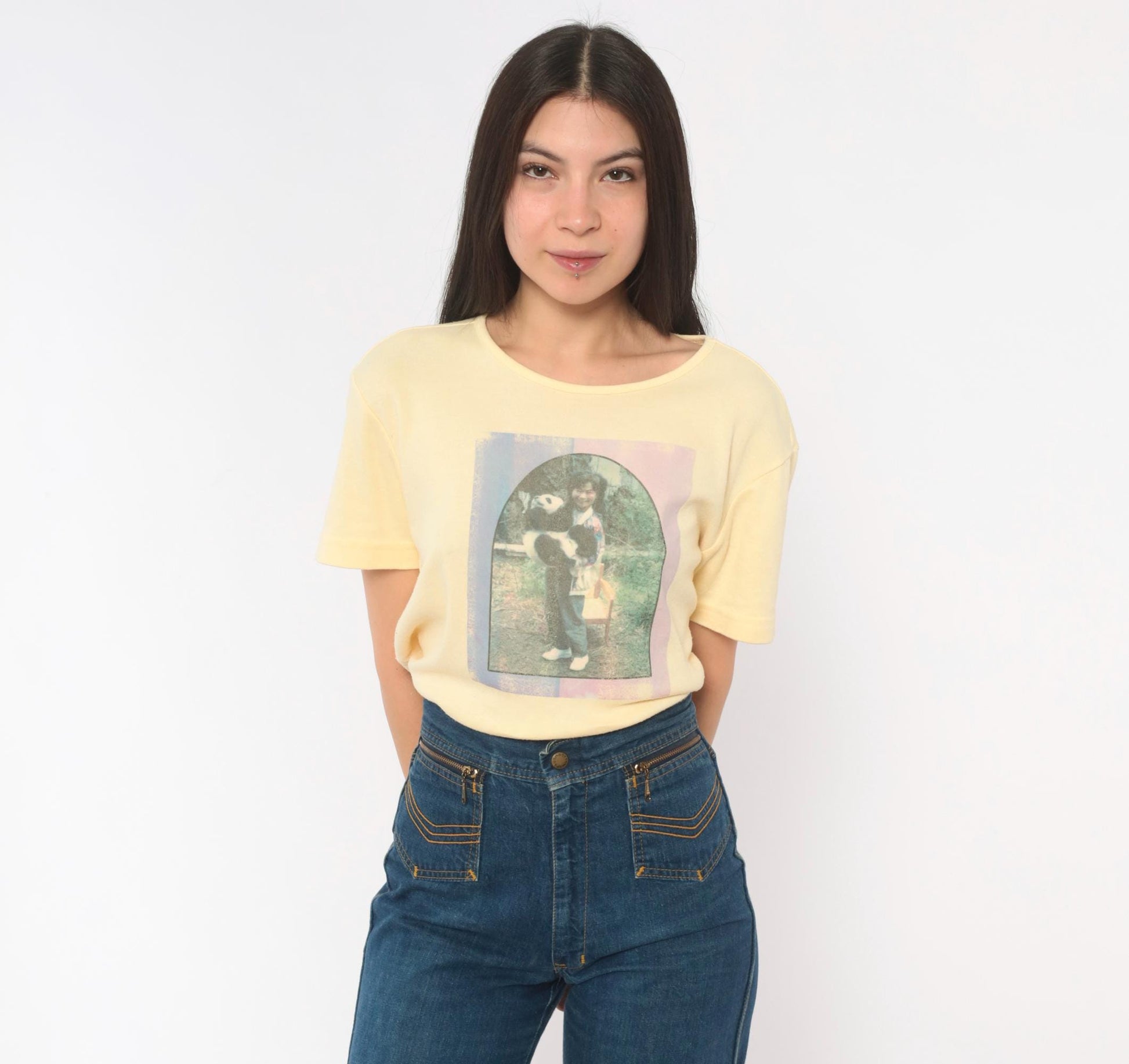 90s Basic Editions Panda Photo Print Tee Butter Yellow Heart Graphic Small