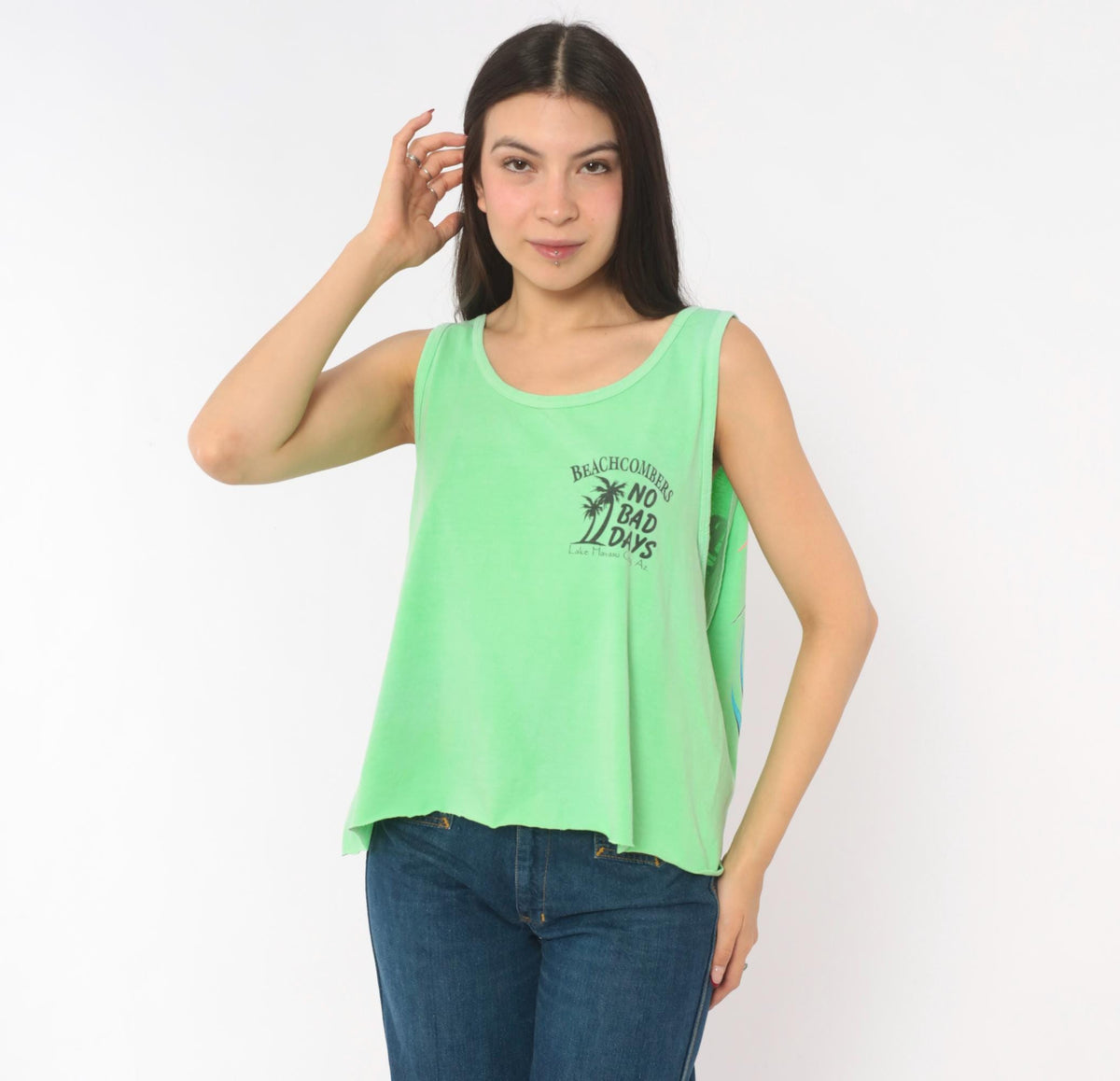 90s Authentic Pigment Neon Green Tank Top Jet Ski Graphic Lake Havasu Large