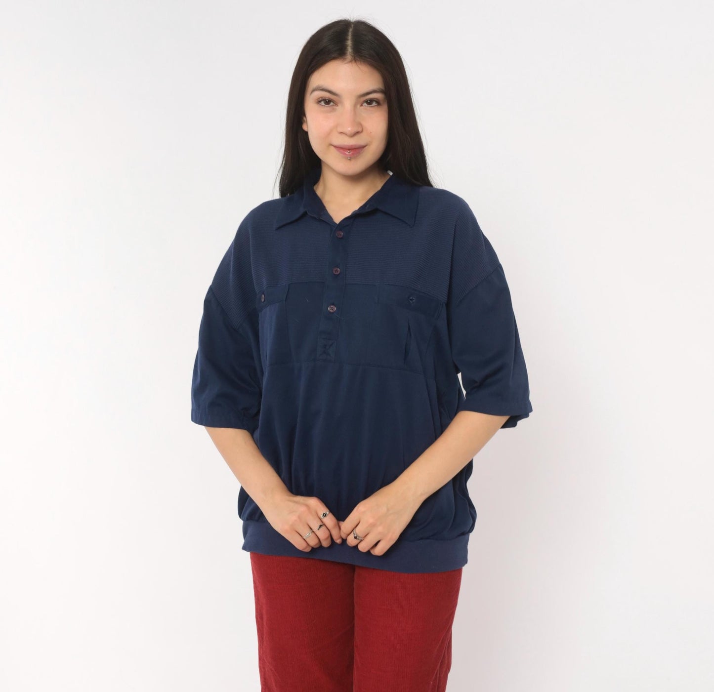 90s Navy Polo Shirt Classics Ribbed Yoke Button Front Knit Extra Large XL