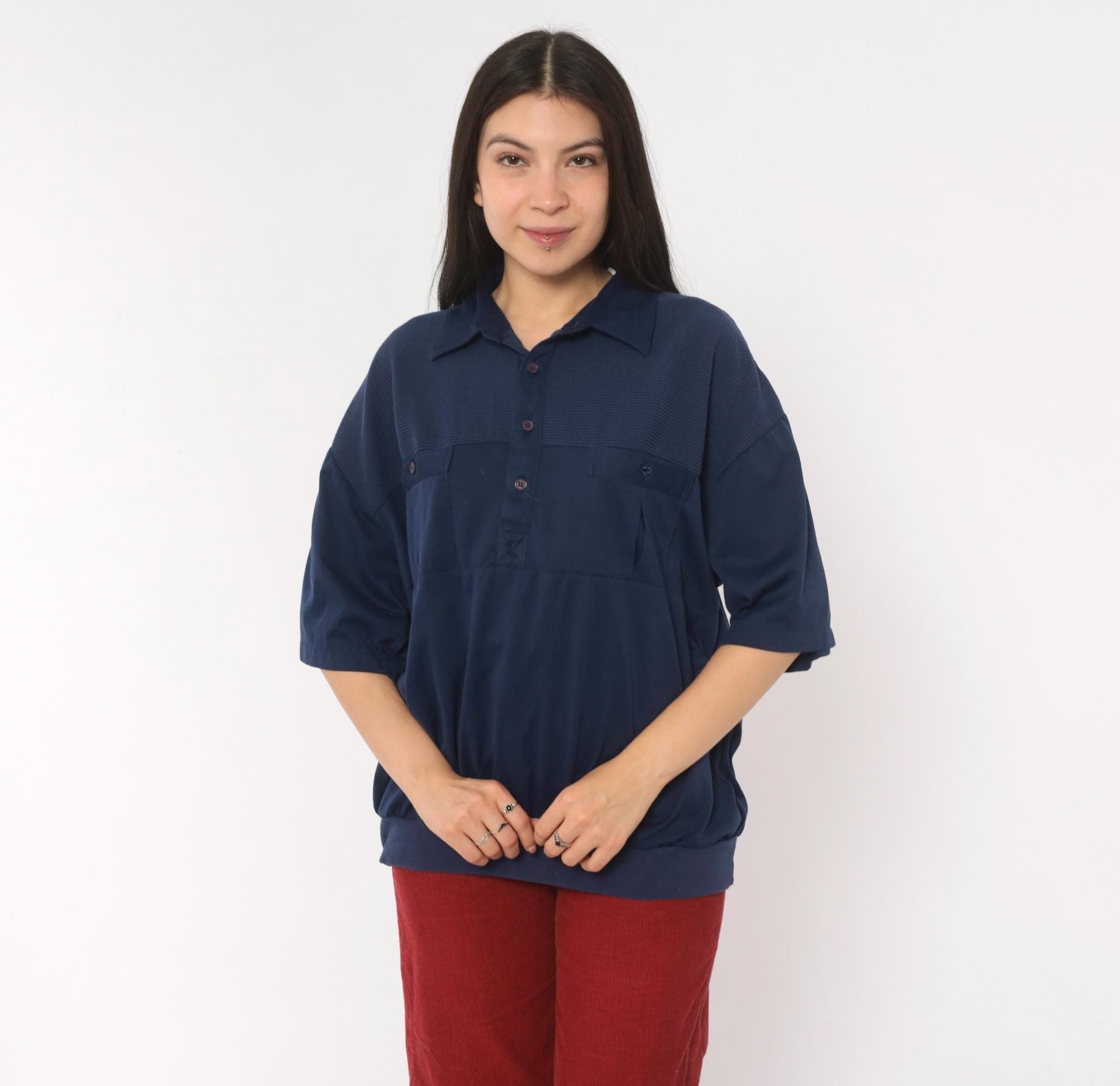 90s Navy Polo Shirt Classics Ribbed Yoke Button Front Knit Extra Large XL