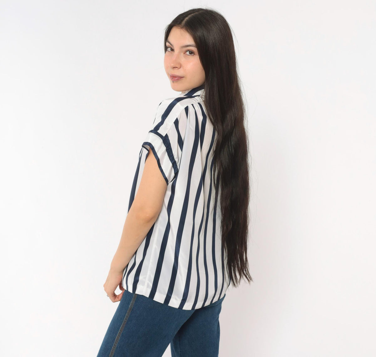 80s Navy White Striped Camp Collar Blouse Button Front Medium