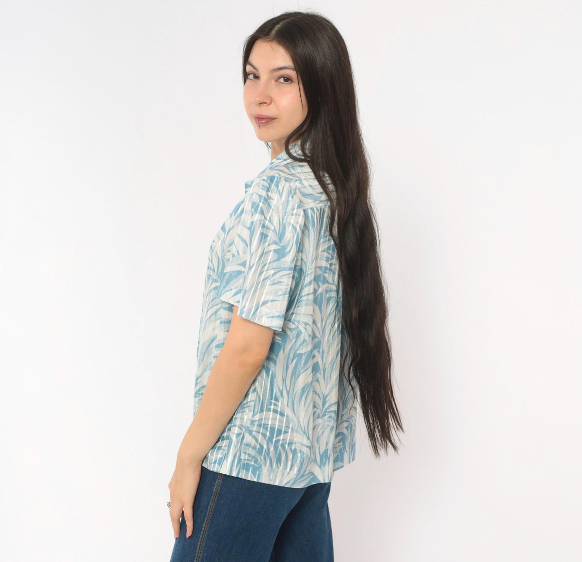 70s Graff Palm Leaf Blouse Blue White Tropical Print Button-Up Medium