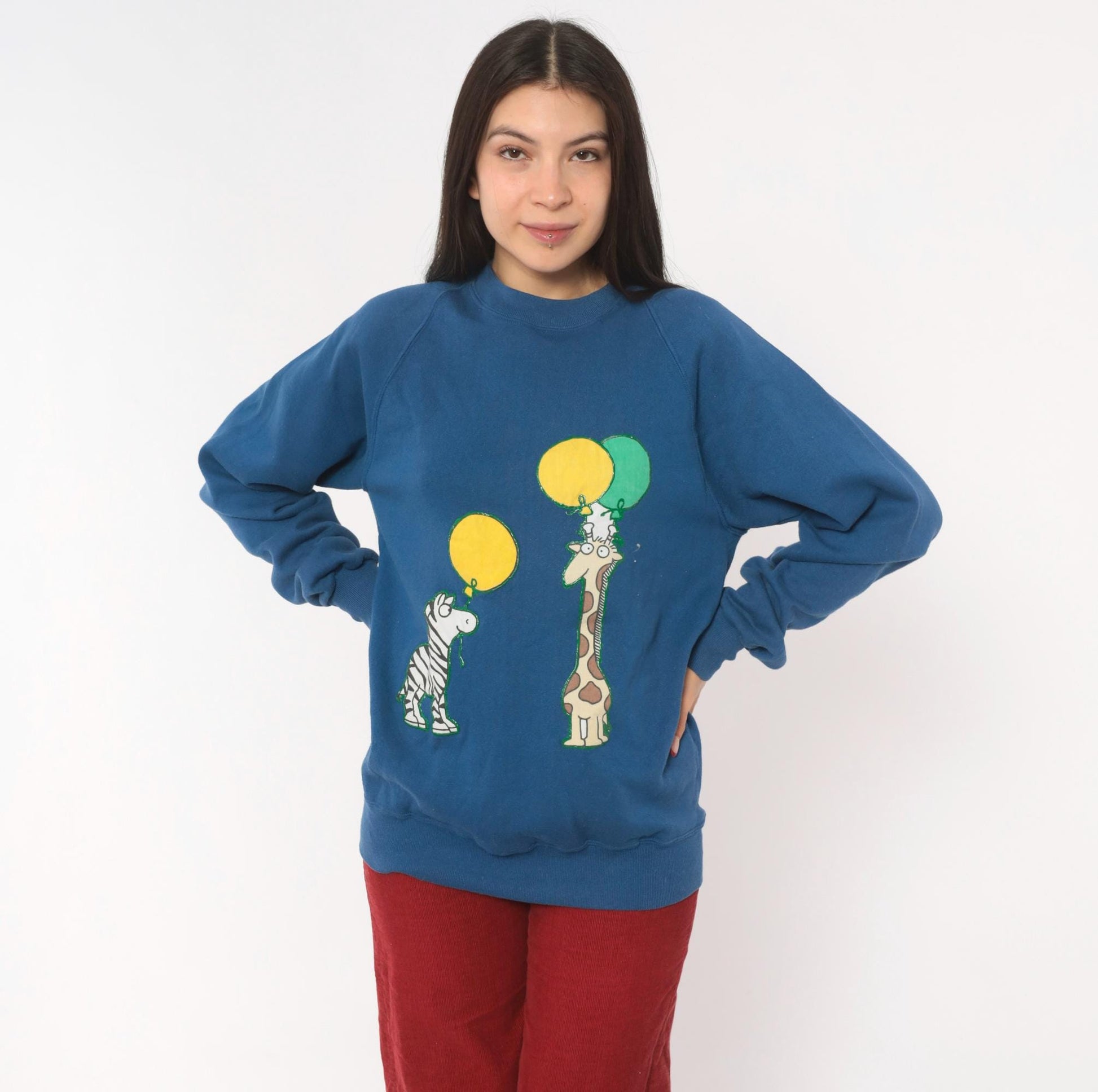 90s Jerzees Zebra Giraffe Balloon Sweatshirt Blue Raglan Applique Cotton Large