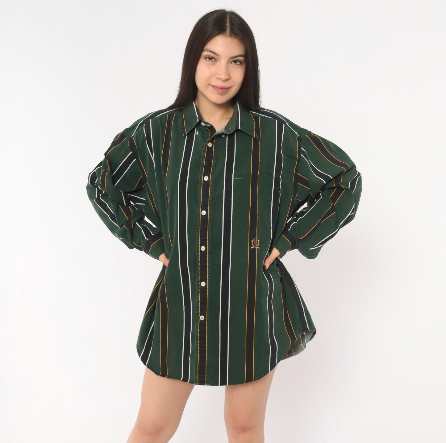 Tommy Hilfiger 90s Striped Cotton Shirt Forest Green Crest Logo Large L