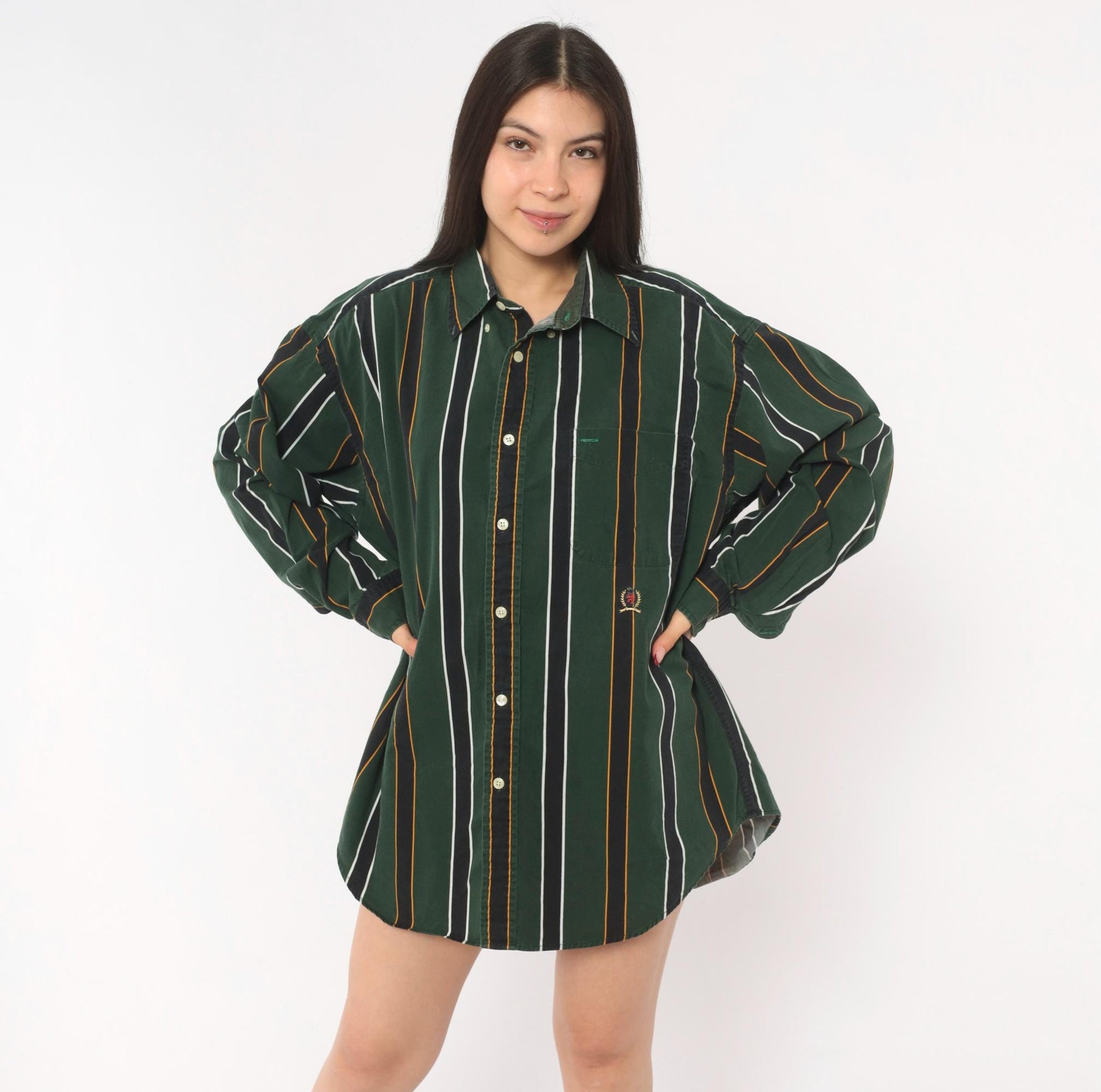 Tommy Hilfiger 90s Striped Cotton Shirt Forest Green Crest Logo Large L