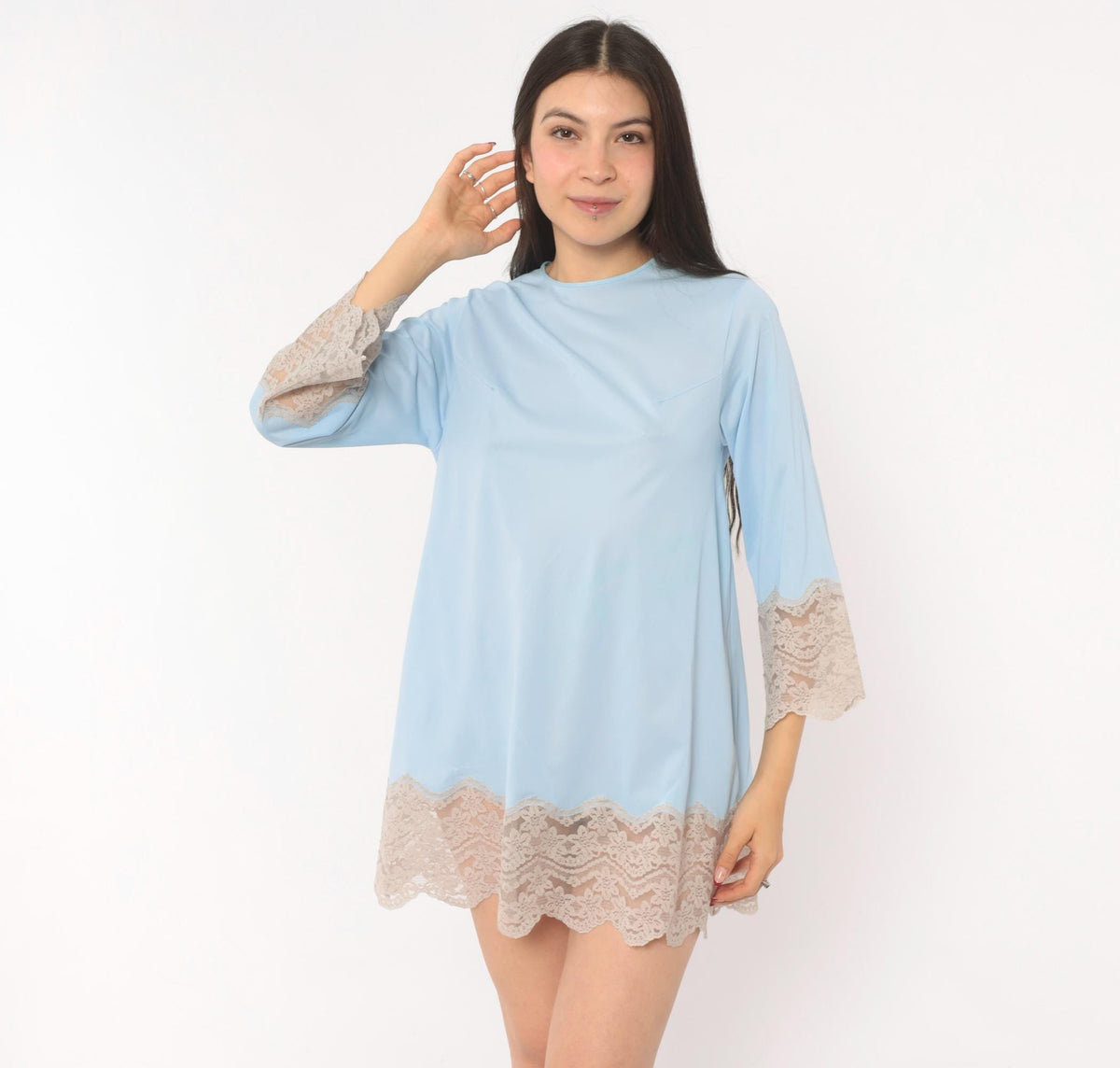 70s Sky Blue Lace Trim Mini Slip Dress Scalloped Bell Sleeve Keyhole Back XS