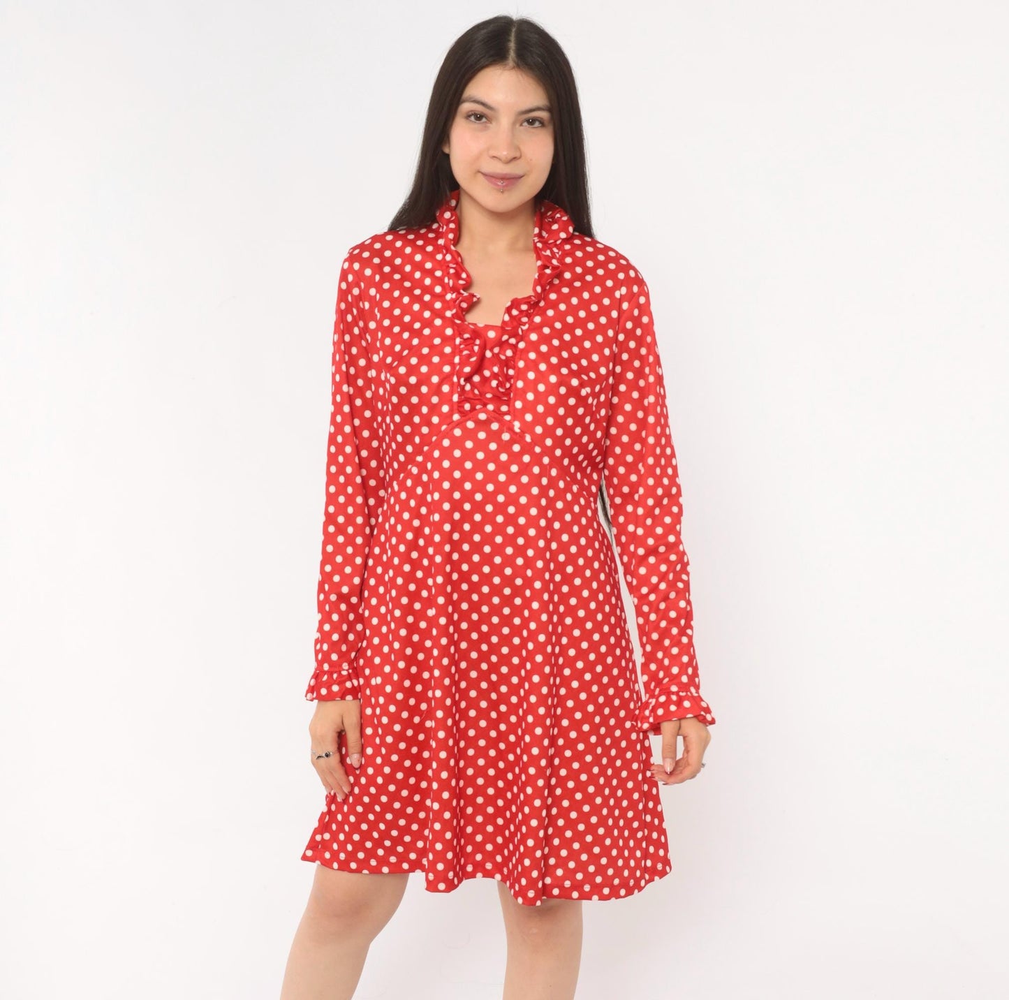 70s Red White Polka Dot Dress Long Sleeve V Neck Ruffle A Line Large